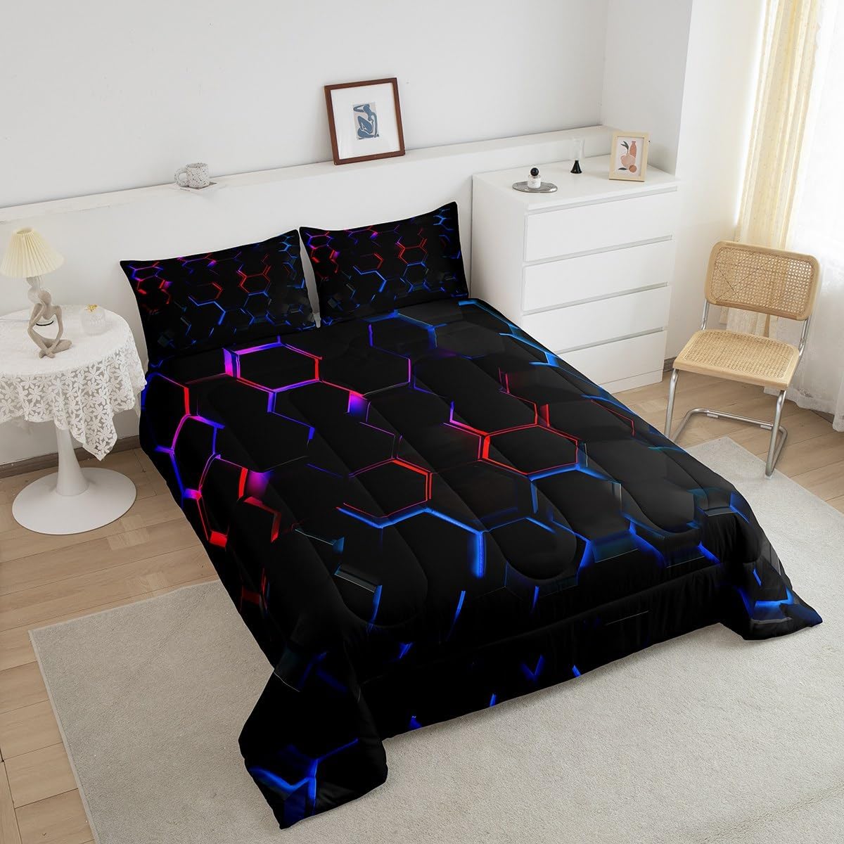 Erosebridal 3D Honeycomb Kids Comforter Full Black Red Blue Abstract Geometric Comforter Set for Teen Boys Girls Stereoscopic Hexagon Beehive Bedding Set Hexagonal Quilt Set Room Deocr