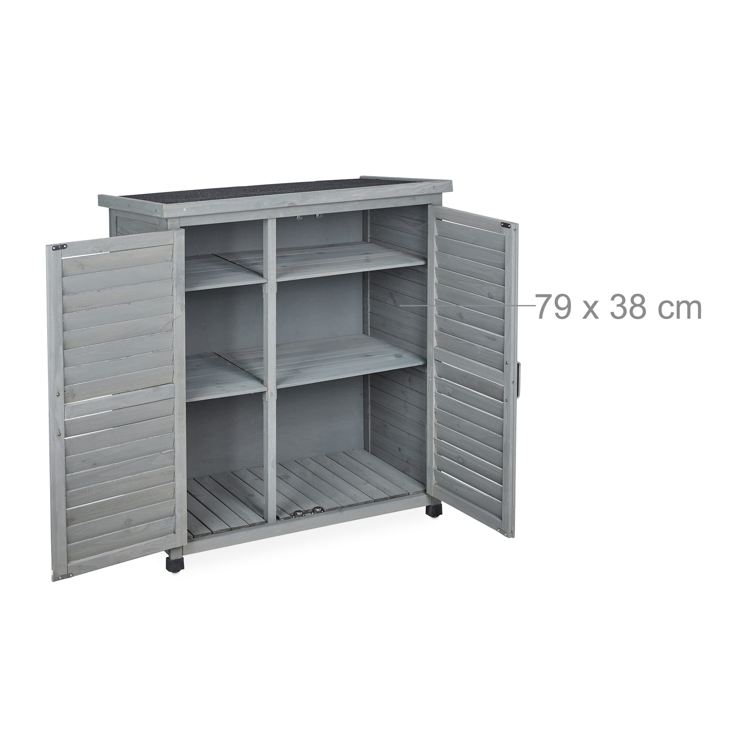 Relaxdays Gartenschrank 3 Fächer Doppeltür HBT 97 x 86,5 x 47 cm Werkzeugschrank Holz Grau