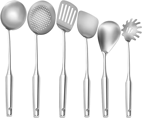 Juego de utensilios de cocina de acero inoxidable de 6 piezas con asas ergonómicas  Herramientas de cocina resistentes al calor, incluye espátula