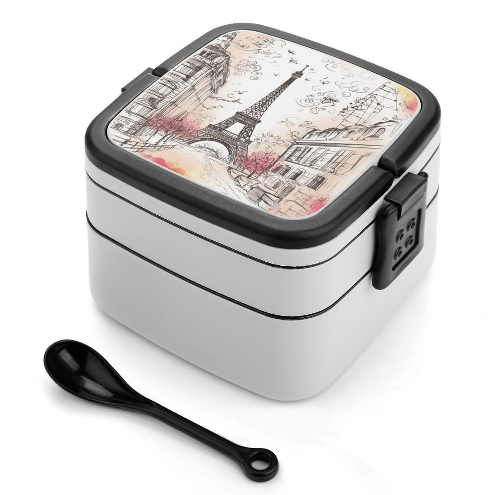 VstaDank French Paris Tour Eiffel Tower Bento Box with Compartments Portable Lunch Containers with Spoon Leak Proof Bento Lunch Box Snap-On Design Double-Layer Insulated Lunch Boxes for Work Camping