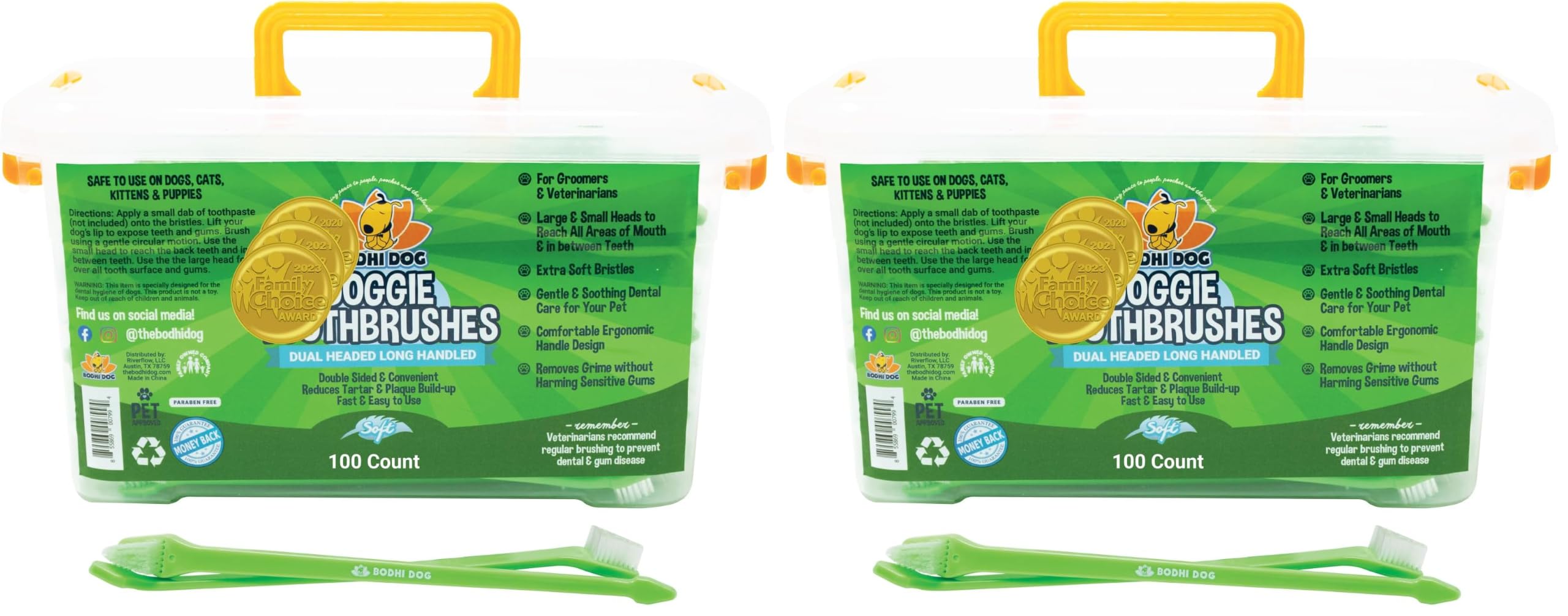 Bodhi Dog Dual-Headed Toothbrush for Dogs &amp; Cats - Soft Bristles for Gentle Pet Dental Care - Puppy &amp; Adult Teeth Cleaning - Easy-to-Use Design for Healthy Gums &amp; Fresh Breath (100 Count) (Pack of 2)