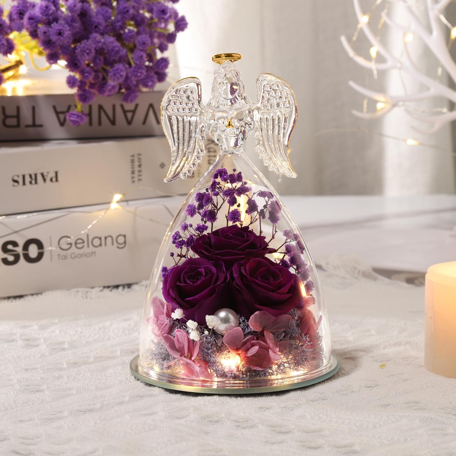 ANWEAO Valentines Day Gifts for Her,Angel Rose Gifts for Women,Glass Angel Figurine with Preserved Three Purple Roses,Forever Flowers Women Mothers Birthday Gifts for Mom Grandma Wife Her Friend - Image 7