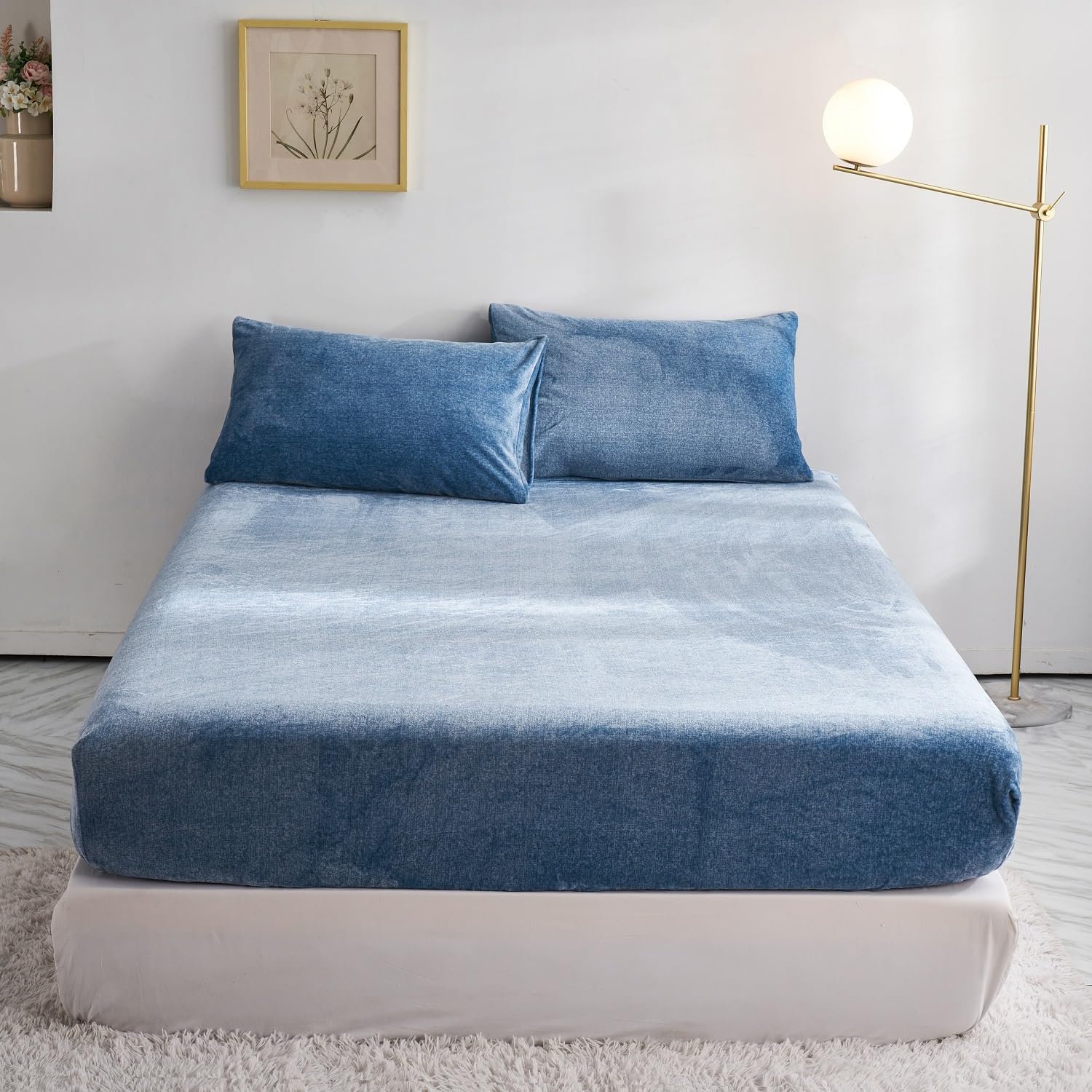 Extra Soft Blue Velvet Plush Fitted Sheet Twin Size with 16” Deep Pocket, Warm Luxury Single Fitted Sheet Only for Fall Winter Spring, Fuzzy Flannel Fleece Mattress Protector Cover