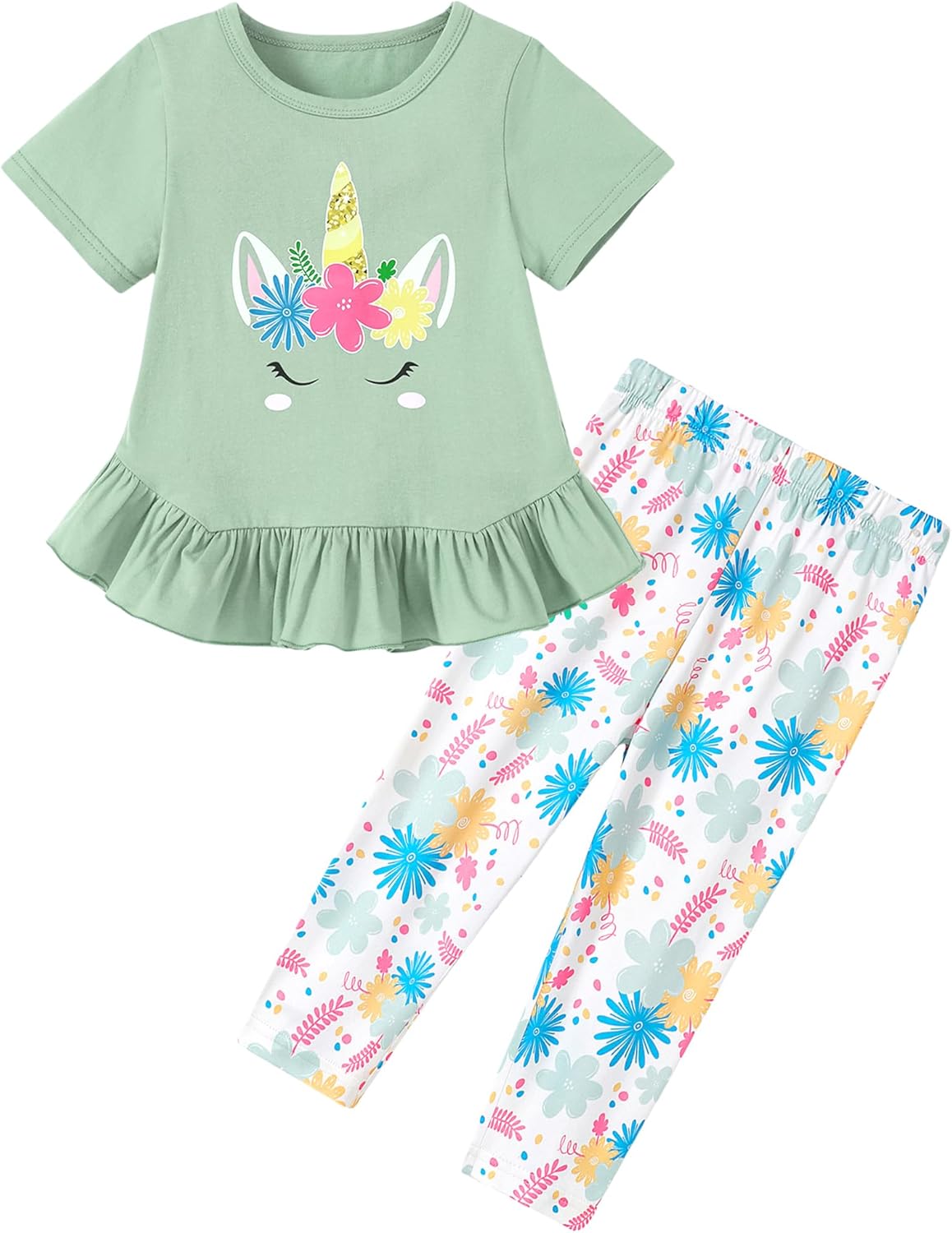 CARETOO Toddler Girl Clothes 2pcs Girl Spring Summer Outfit Ruffle Hem Short Sleeve Top and Floral Capri Pant 2-7 Years