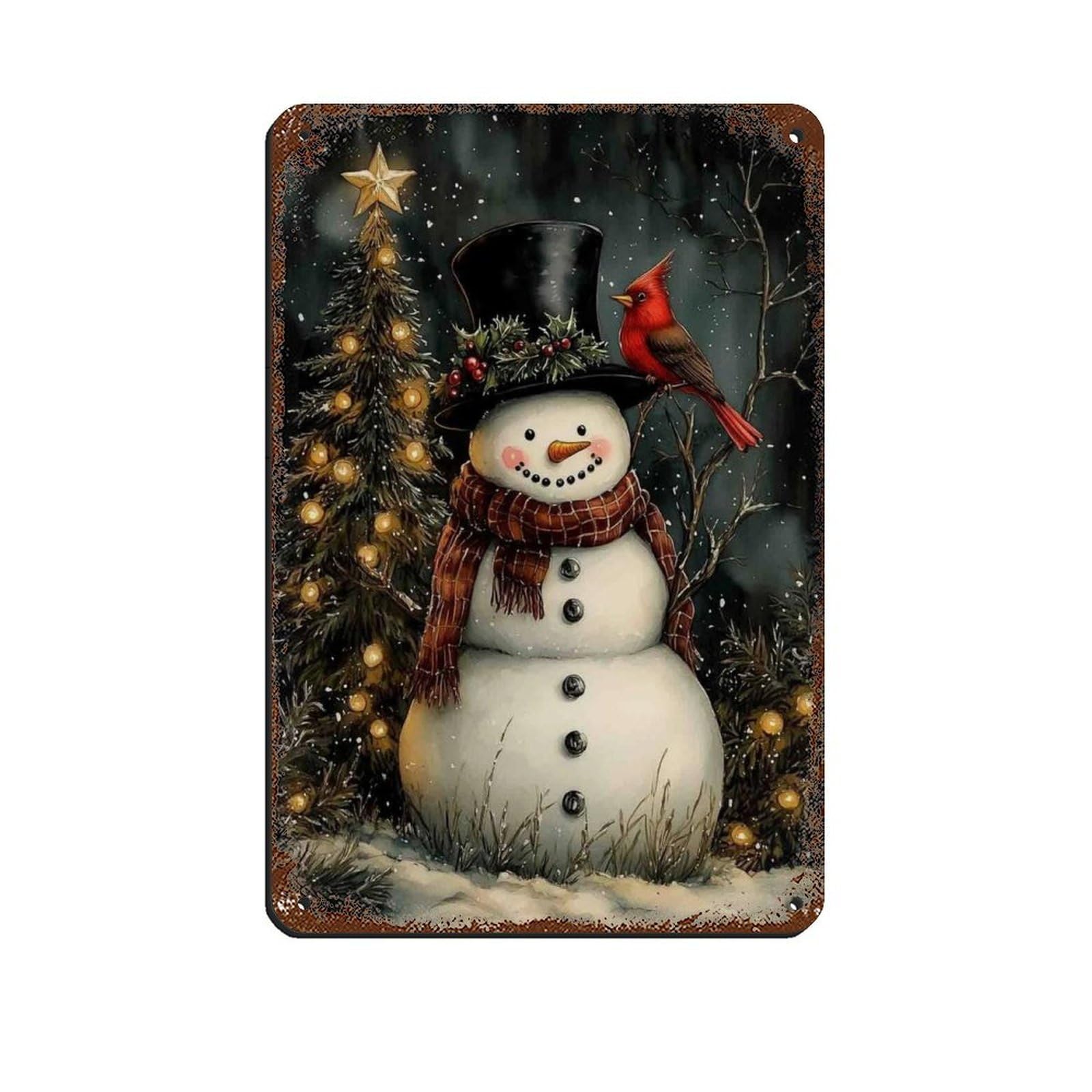 Snowman And Cardinal Art, Christmas Poster Tin Sign Vintage Metal Pub Club Cafe Bar Home Wall Art Decoration Poster Retro 8x12inch(20x30cm)