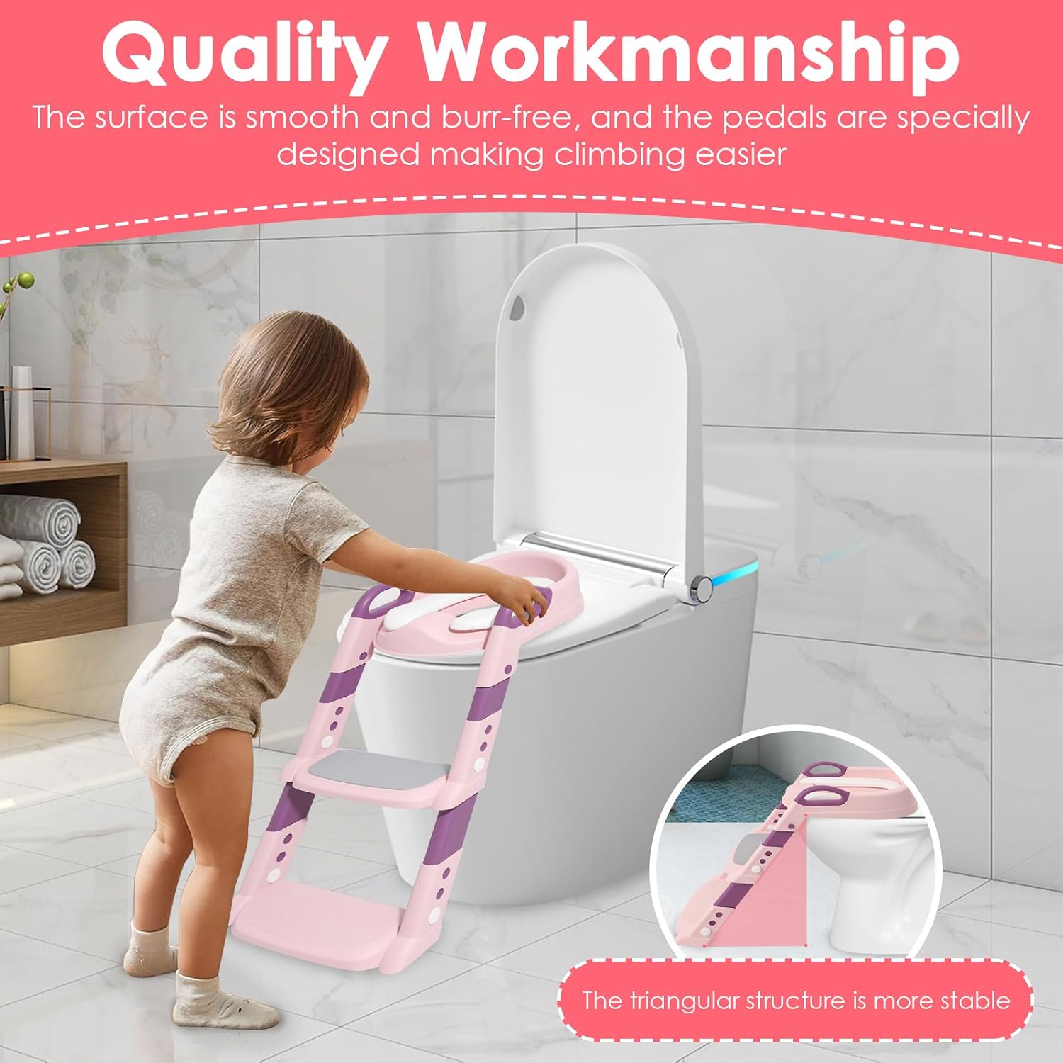 Potty Training Seat Ladder, Comfortable Adjustable Height, 2 in 1 Potty Training Toilet, Upgrade Toddler Toilet Seat for Kids Boys Girls with Anti Slip Pad Step Stool(pink)