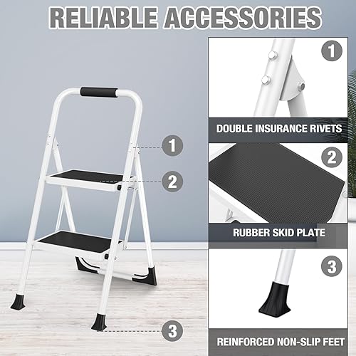 Miniatura 4 de HBTower Escalera de 2 escalones, taburete de 2 escalones para adultos, taburete plegable de 2 escalones con mango acolchado, capacidad de 330