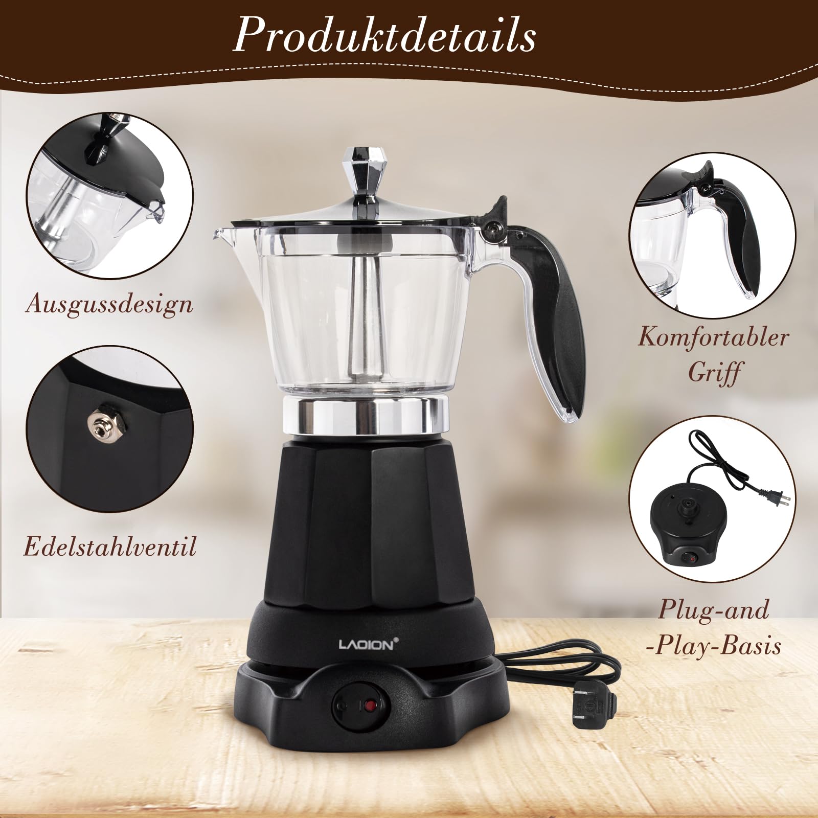 LAOION Espressokocher Elektrisch, 6 oder 3 Tassen Elektrisch Tragbarer Mokka Kocher, 300ml Italienische Esspresso Kaffeemaschine Klein mit Abnehmbarer Basis und Überhitzungsschutz,Schwarz Coffee Maker