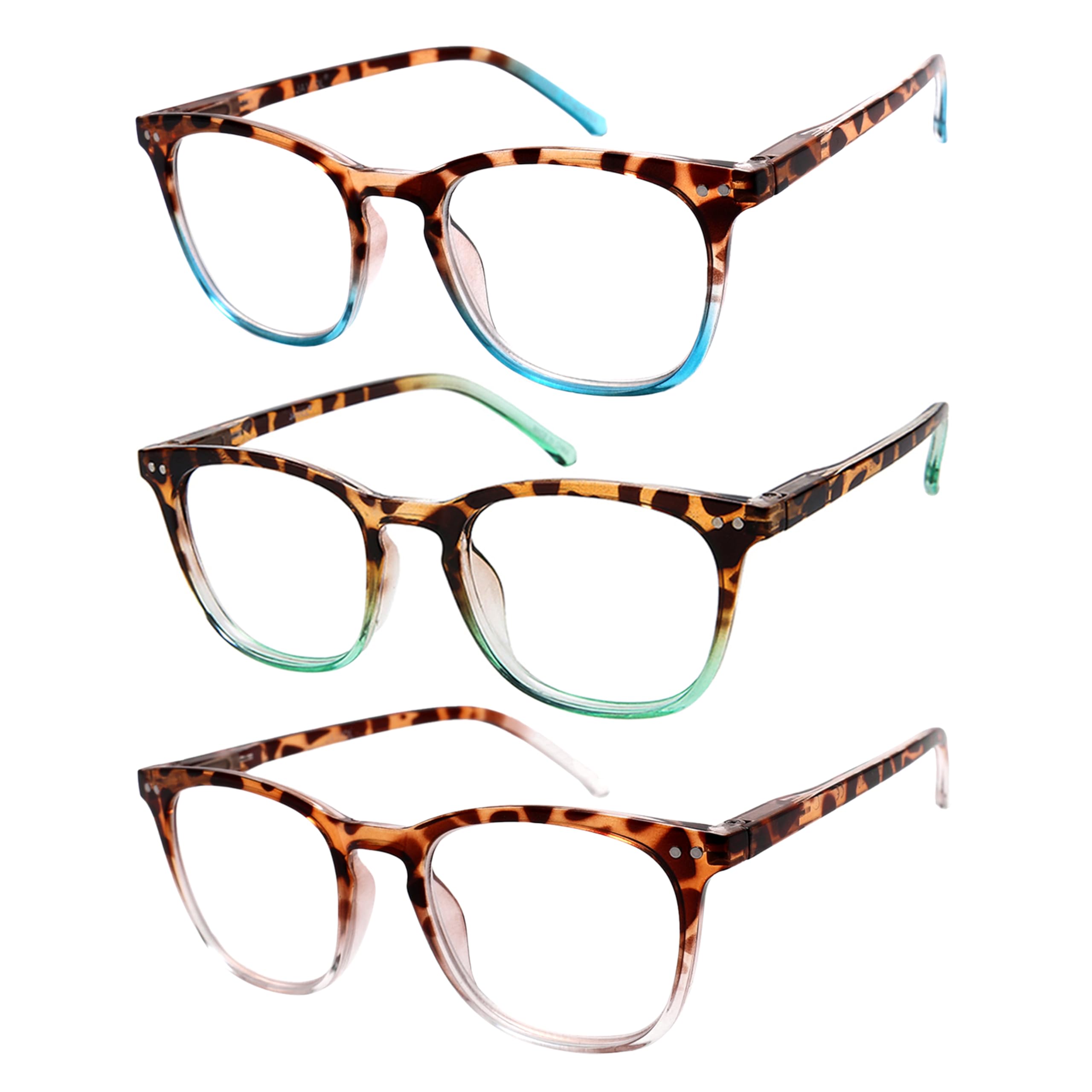 Dolarosey Vintage Reading Glasses_ 3 Pack Spring Hinge_ Ultra-Clear Vision_Matte Finish for a Smooth Feel and Classy Design (Blue Green Transparent