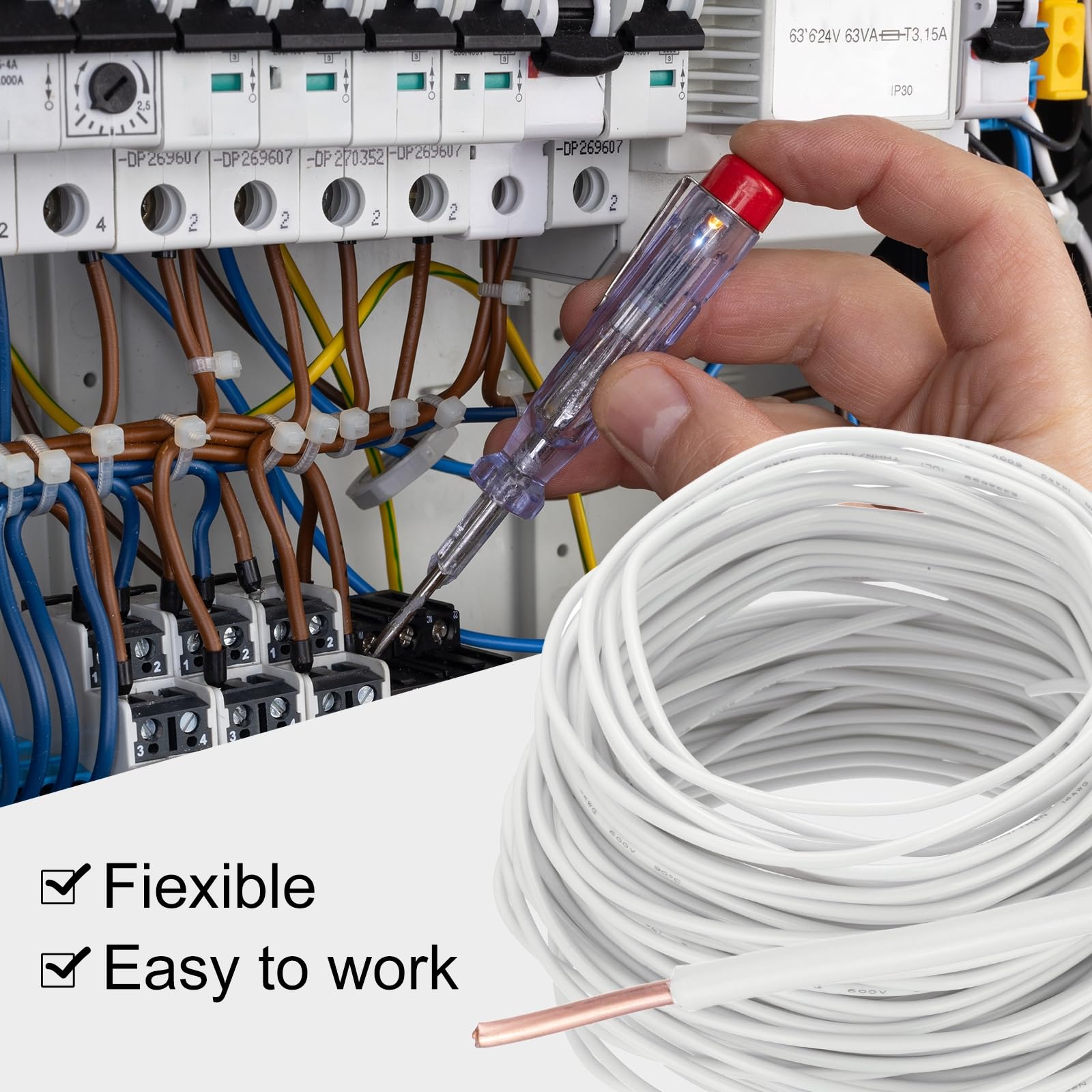QUARKZMAN 150 Fuß Elektrischer Draht Isolierter Fester Kupferdraht 14AWG Anschlusskabel THHN Draht Wohnbereich Industrie Erdung Elektrisch Bewertet Für 600 Volt UL Geprüft Weiß