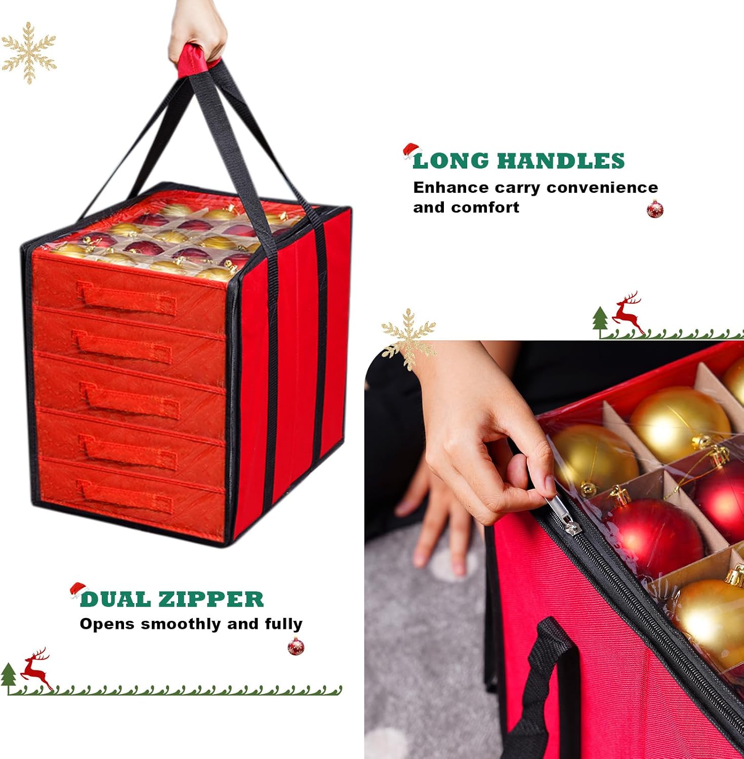 Lambada Christmas Ornament Storage Box, Visible Christmas Storage Container with Dual Zipper, 600D Oxford Fabric Xmas Decorations Organizer - Stores up to 100-3" Ornaments (Cherry Red)
