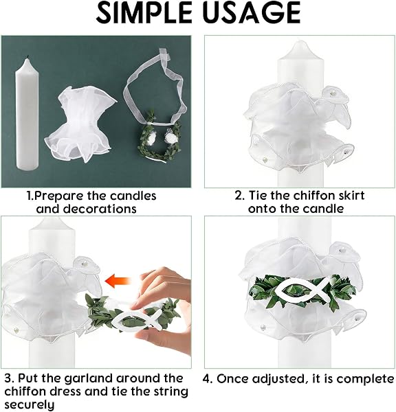 Dargkwn 2 velas antigoteo, para bautizo, comunión, gotas, falda de organza con decoración de peces, para bodas y bautizos, diámetro de 3-6 cm, color blanco - 4