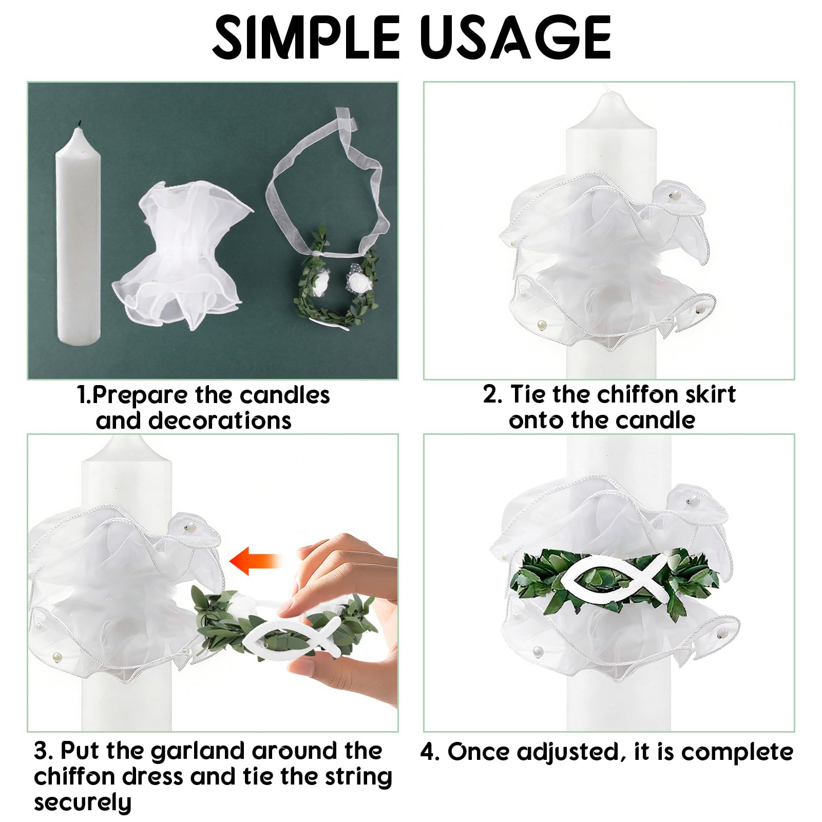 Dargkwn 2 velas antigoteo, para bautizo, comunión, gotas, falda de organza con decoración de peces, para bodas y bautizos, diámetro de 3-6 cm, color blanco — view 4