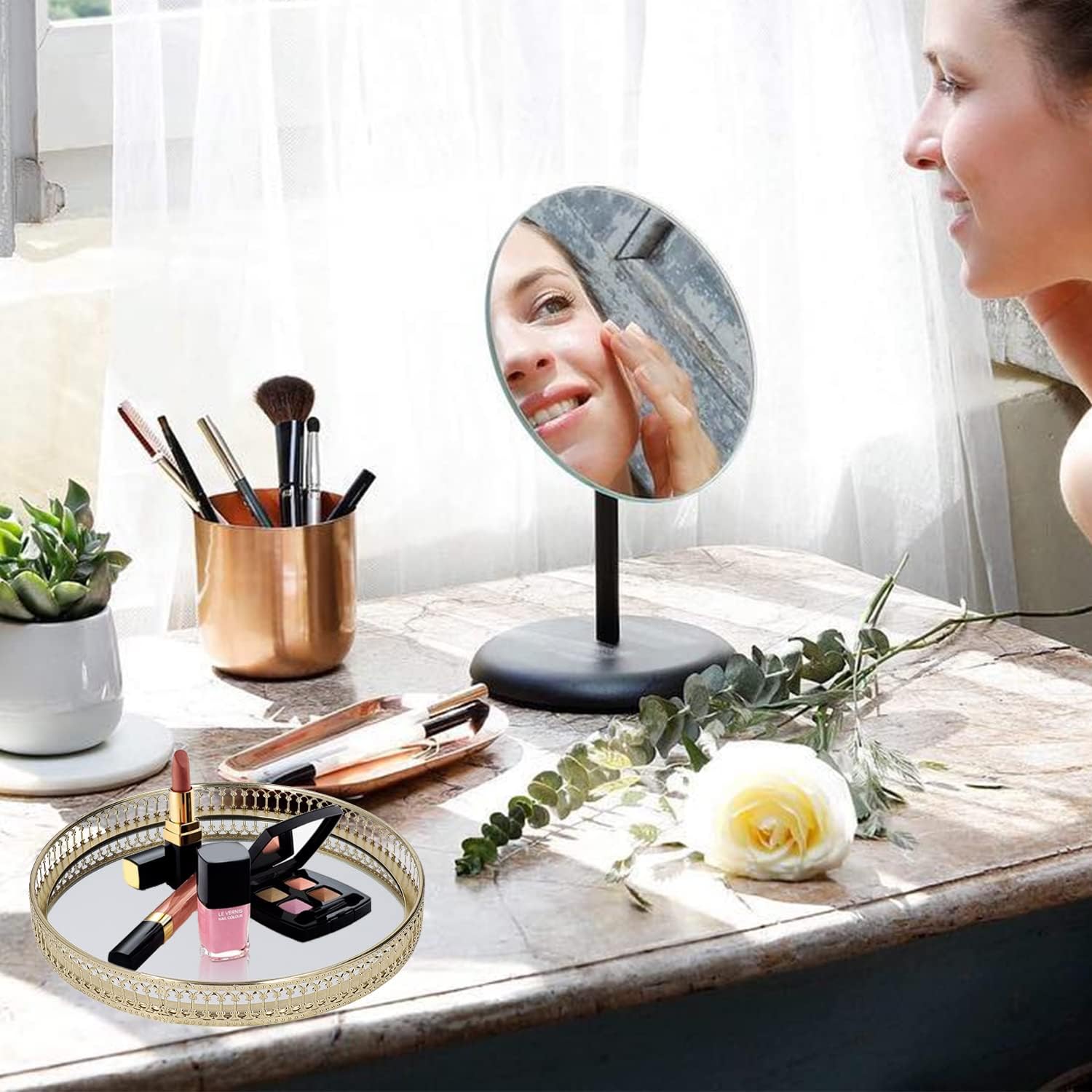9.8×1.7in Round Decorative Mirror Tray American Style Makeup Organizer Jewelry Organizer Serving Tray with Decorative Geometric Shape Side for Whiskey Decanter, Vanity Set, Perfume Tray