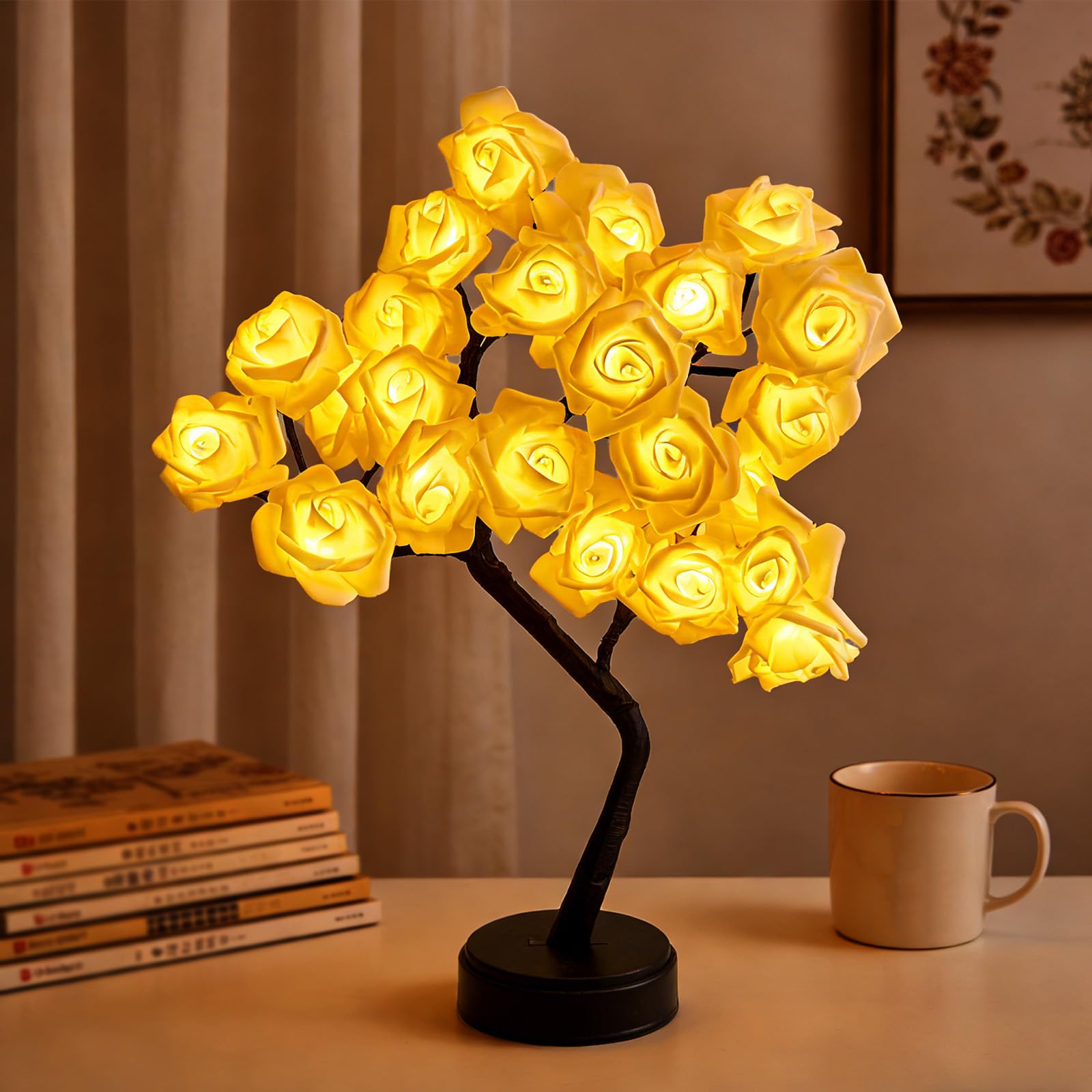 Richaa 24 LEDs Rose Flower Tree Lamp, LED Twinkle Rose Tree Table Lamp, Cute Fairy Light up Flower for Bedroom Living Room Party Wedding Birthday Christmas Decor(Yellow)
