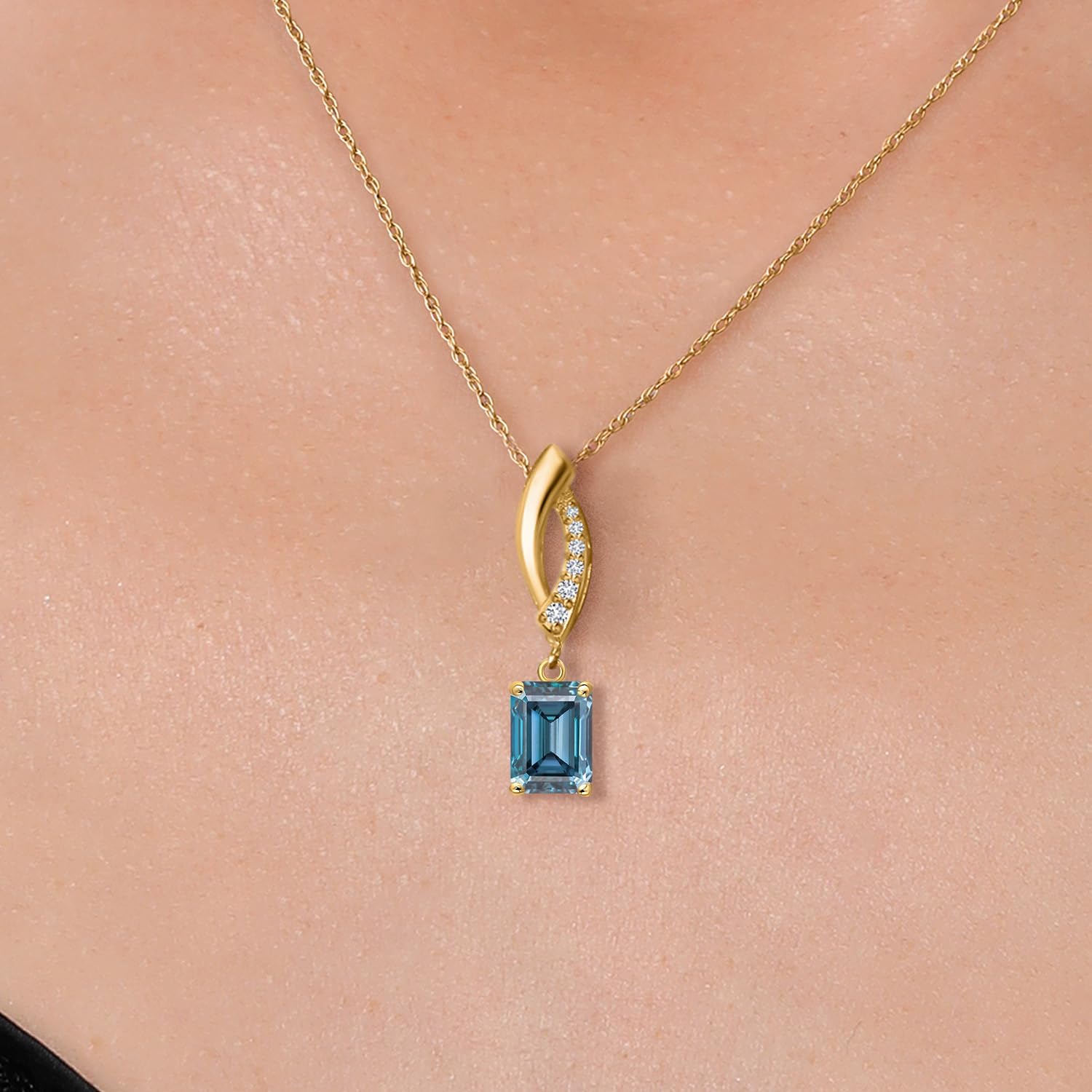 Gem Stone King 14K Yellow Gold Personalized and Customized Emerald Cut 7X5MM and White Lab Grown Diamond Gemstone Birthstone Pendant Necklace For Women With 18 Inch Chain - Image 3