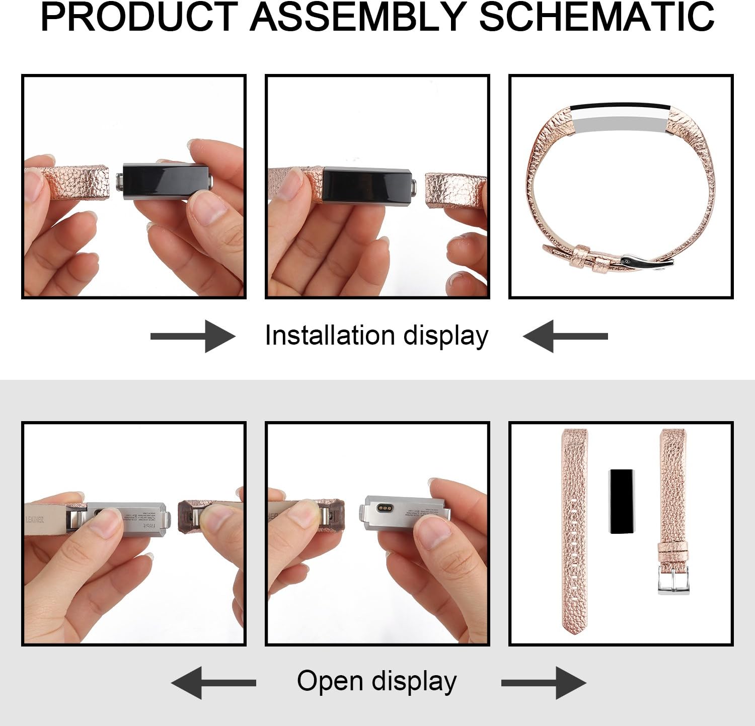 POY Replacement Bands Compatible for Fitbit Alta and Fitbit Alta HR, Genuine Leather Wristbands, Rose Gold