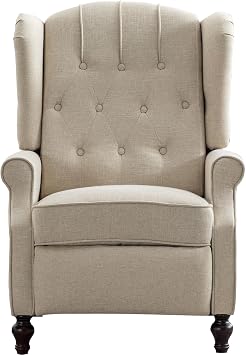 Wingback Recliner Chair with Massage & Heat, Mid Century Push Back Accent Chairs with Tufted Back, Nailhead Trim & Wooden Legs, Fabric Reclining Armchair for Living Room, Beige