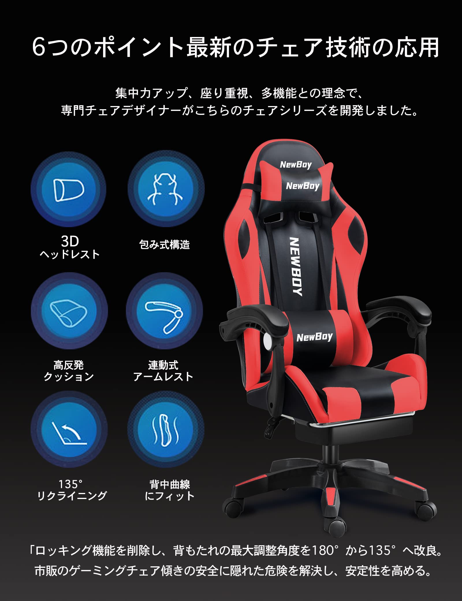 Amazon.co.jp: NewBoy ゲーミングチェア オットマン付き 赤 オフィス 