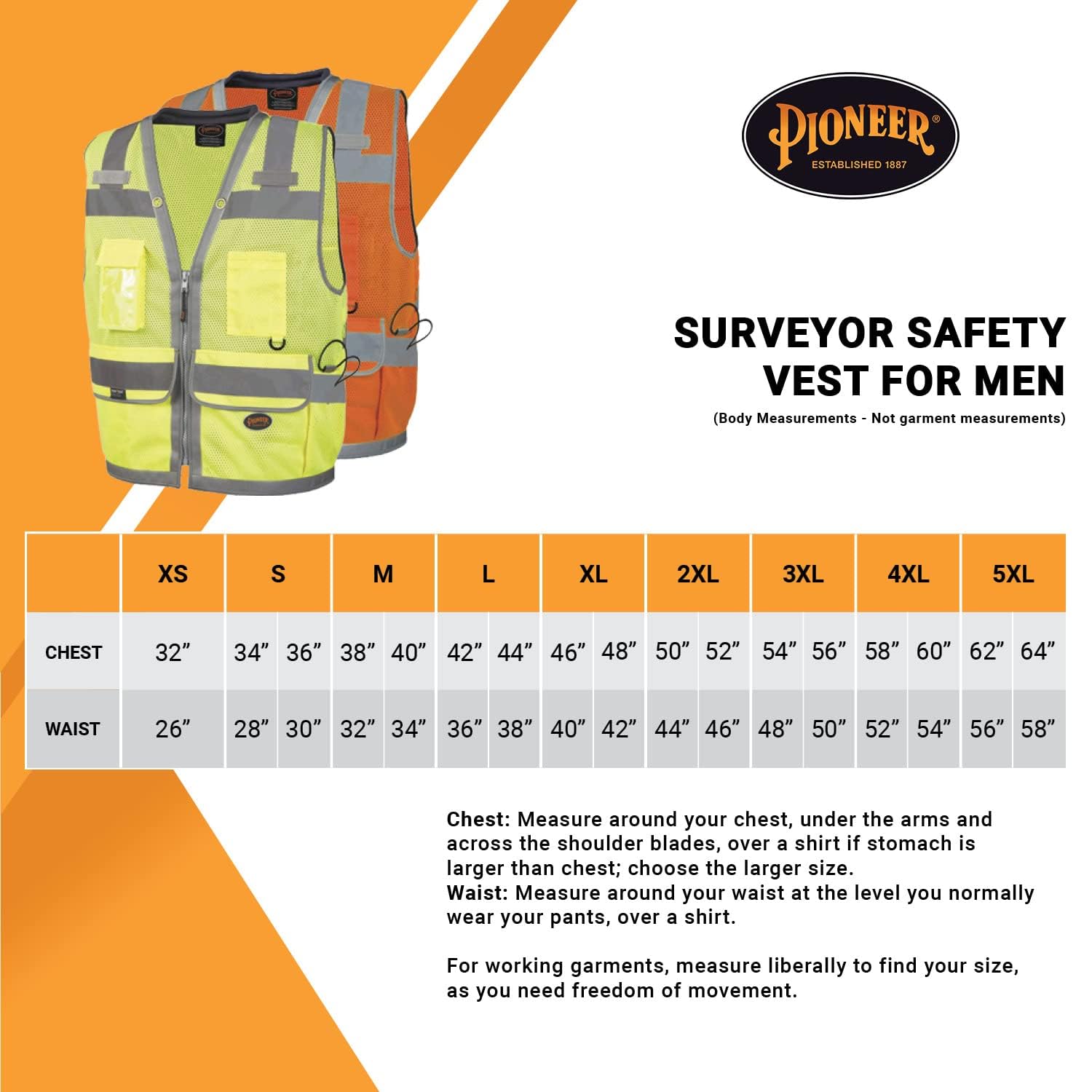 Pioneer Surveyor Safety Vest for Men – Hi Vis Reflective Neon, Cool Mesh, Padded Collar, 11 Pockets, Zipper, 2” Tape – Orange or Yellow/Green