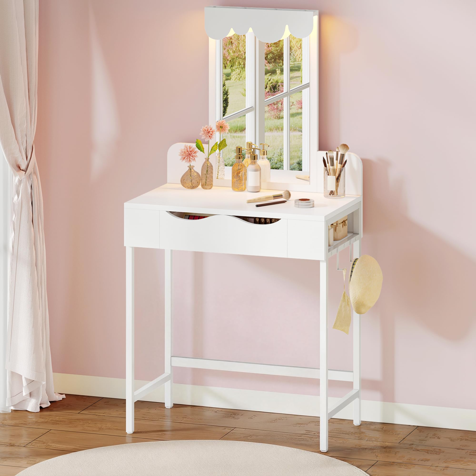 Schminktisch mit Beleuchtung,Stoffschubladen Frisiertisch mit Spiegel Schubladen Einstellbarer Helligkeit,Schminktische mit Türen, Make up Tisch mit Schmuckablage Verstellbaren Ablagen,Holzfarbe