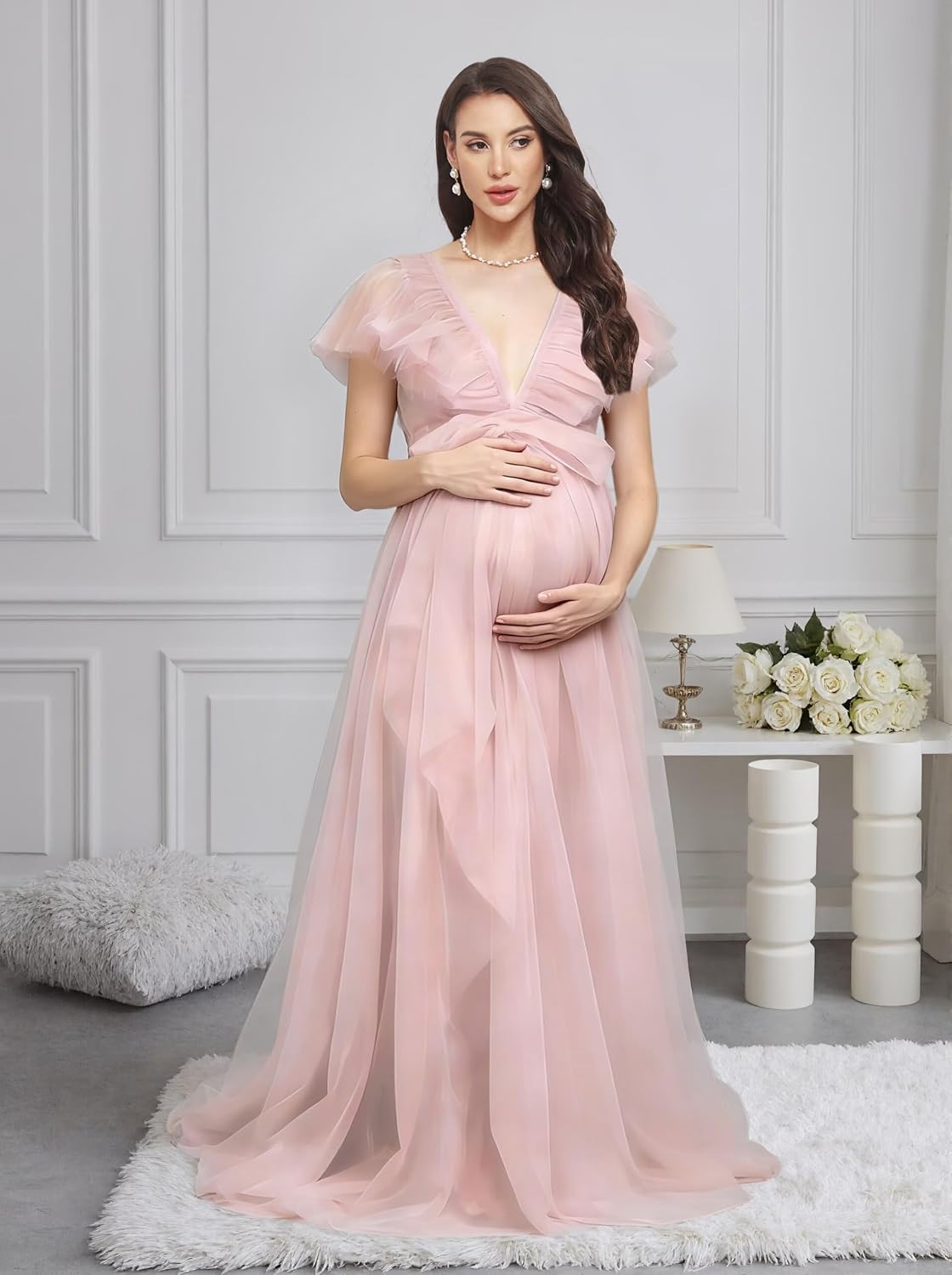 Women’s Tulle Maternity Dresses for Photoshoot Ruffles Short Sleeve Long Baby Shower Dress with Bow