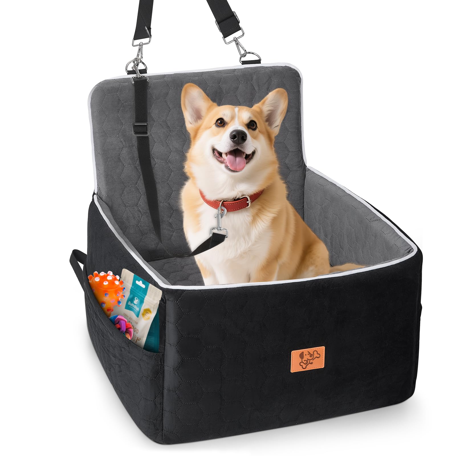 Seggiolino Auto per Cani 52x52x50cm, Sfoderabile e Lavabile Trasportino Cane Auto di Piccola e Media Taglia, include Guinzaglio, Adatto per Seggiolini per Cani di Piccola Taglia con un Peso