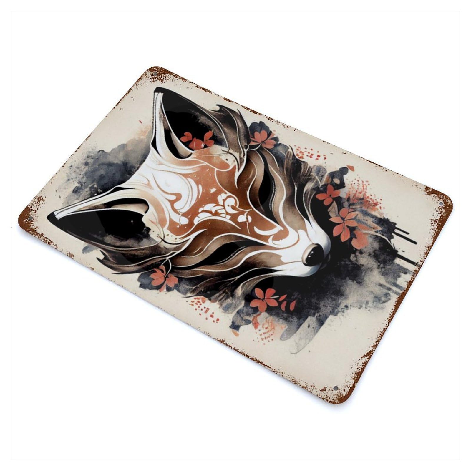 Retro Metal Sign with Kitsune Fox Mask Ink Wash Design 11.8"x7.9", for Living Room, Hallway And Home Decor, Vintage Wall Decor