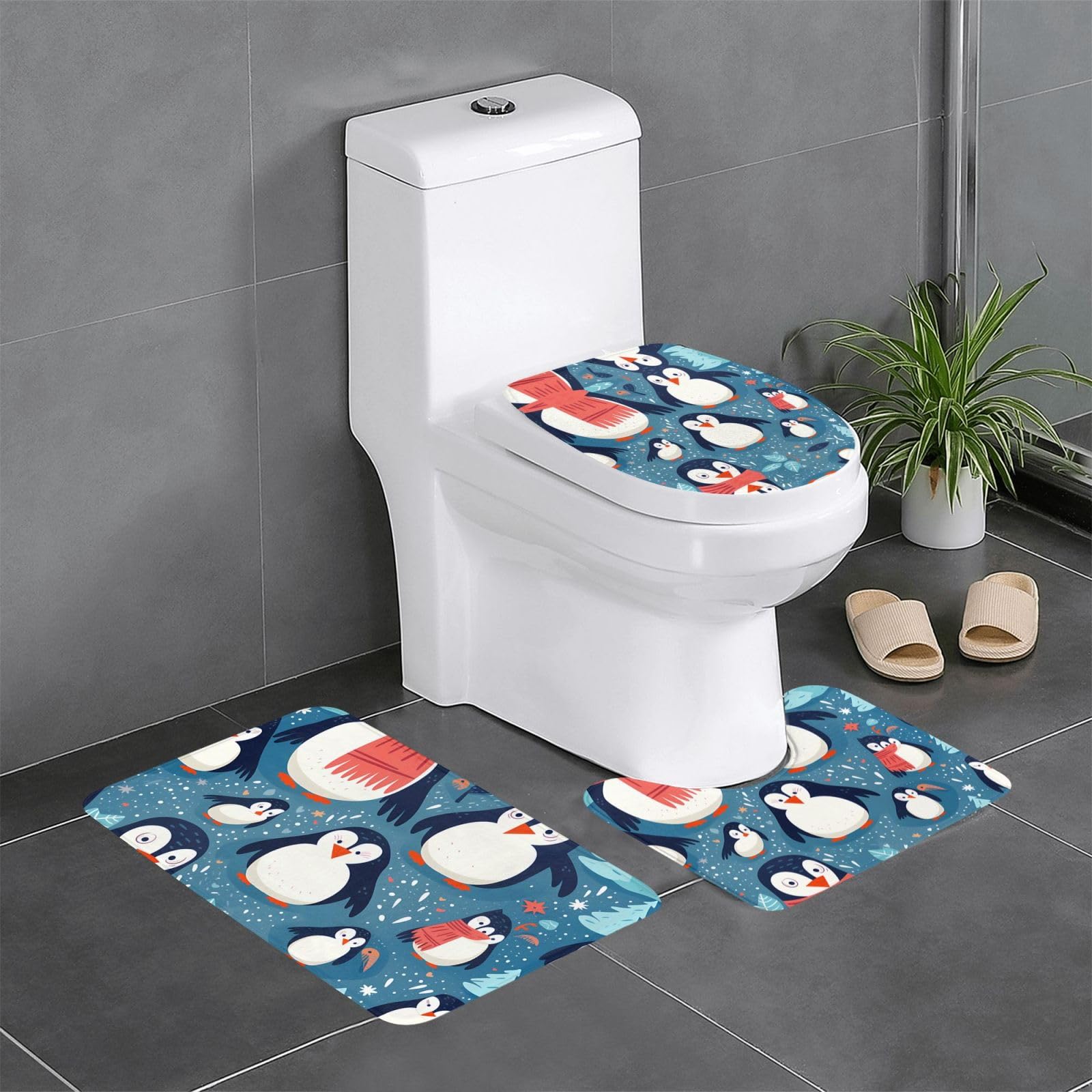 Tapis de salle de bain antidérapants pour coiffeuse et WC au motif de pingouins
