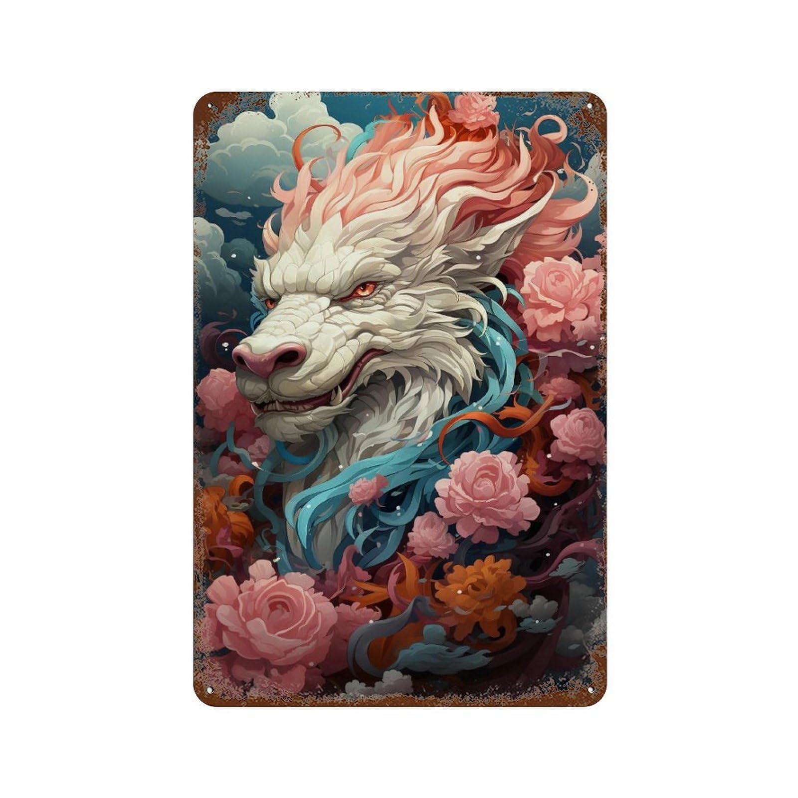 Fantasy Wolf with Flowers 11.8"x7.9" Rust Effect Tin Sign, Vintage Wall Decor for Farmhouse, Kitchen And Entryway Decor