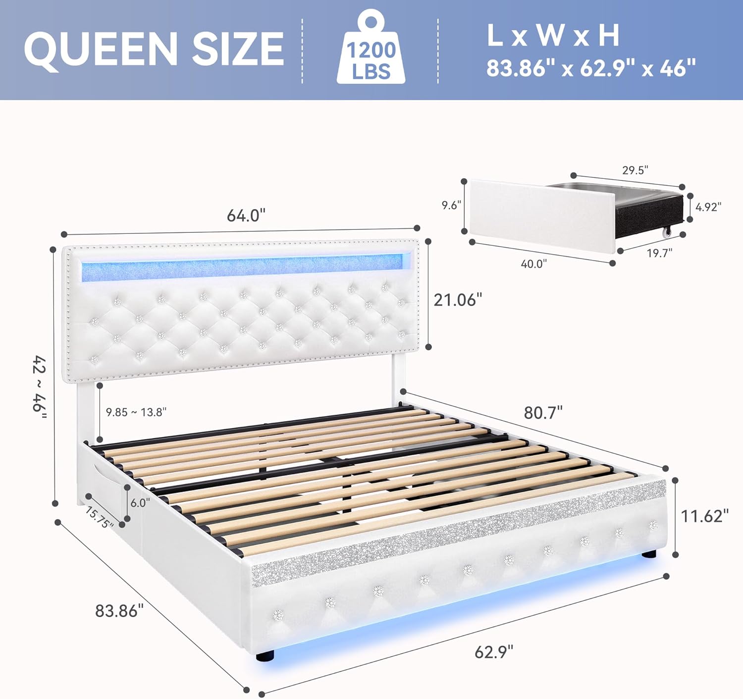 Torana Queen LED Bed Frame with 2 Drawers, PU Upholstered Platform Beds with Adjustable Storage Headboard, Crystal Button Tufted Wingback Bedframe with Wooden Slats, No Box Spring Needed, White