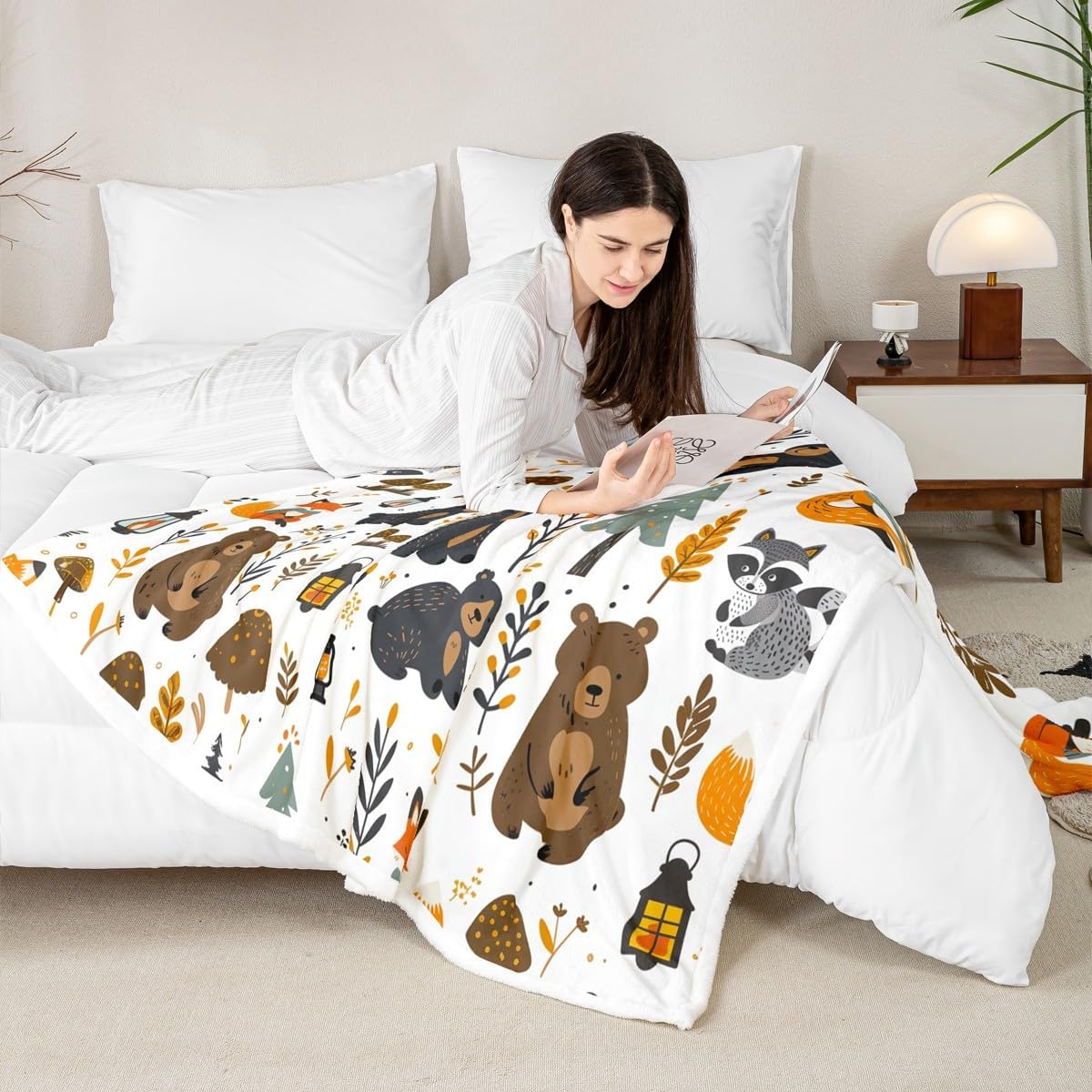 Cartoon Bear Throw Blanket for Kids,Jungle Leaves Plant Fleece Throw Blanket for Bedroom Sofa Dorm Decor,Adventure and Camping Lightweight Bed Blankets,40 x 50 Inches image 4