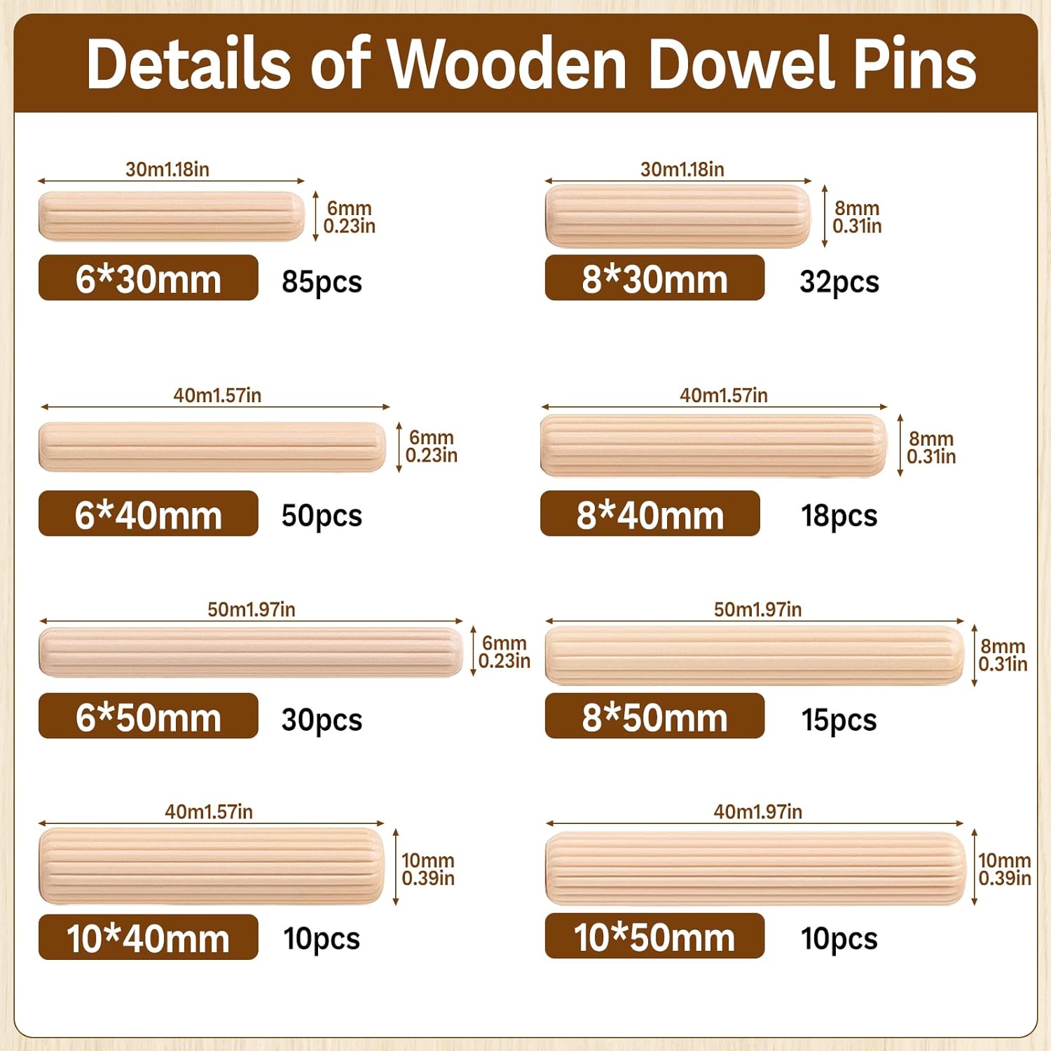 250 Pcs 8 Size Wooden Dowels 1/4'' 5/16'' 3/8'' Wooden Dowel Pins Hardware Pins Fluted Wood Dowels for Crafts Furniture Woodworking DIY Crafts