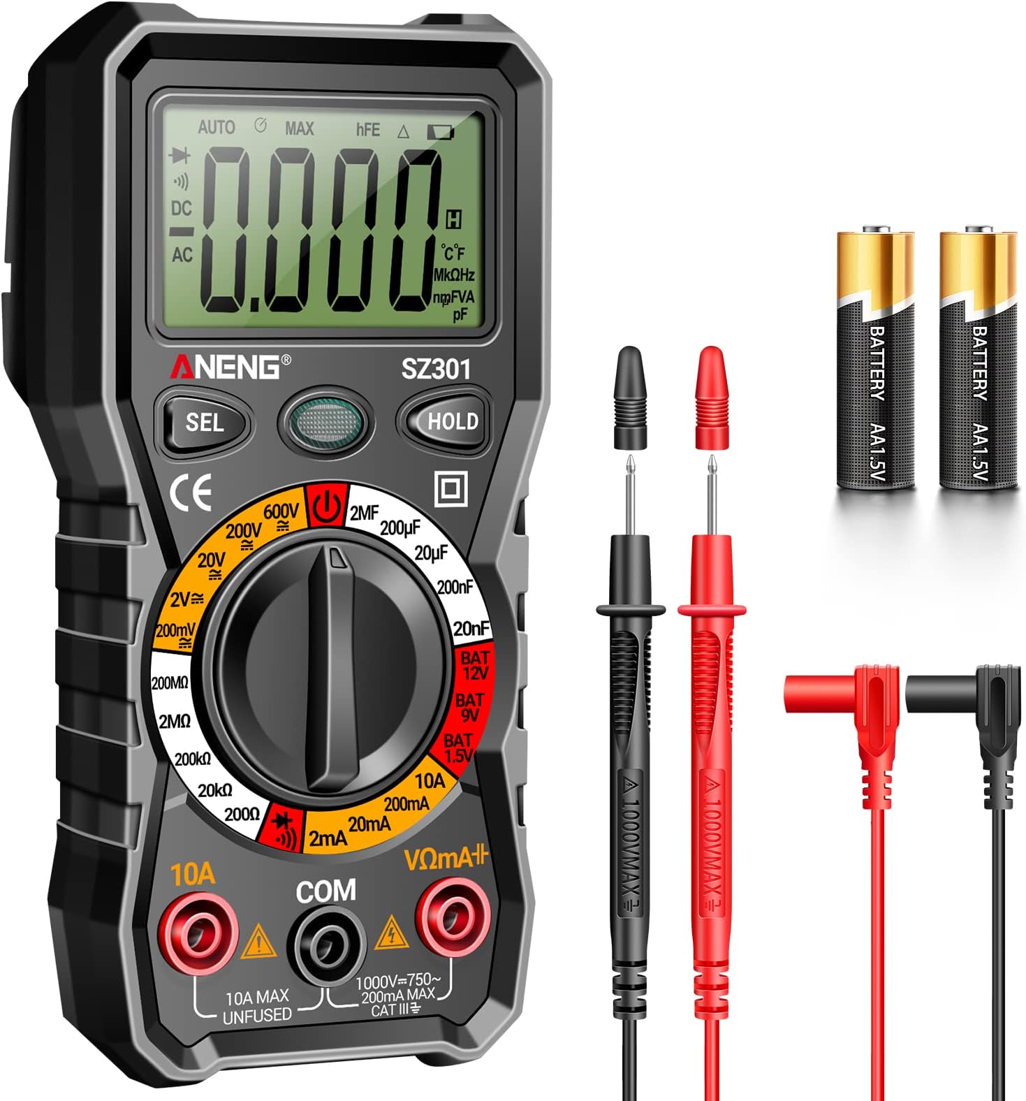 Digital multimeter with housing, measures DC/AC voltage, current, resistance, continuity, diodes, ideal power tool for household outlets and automotive battery testing