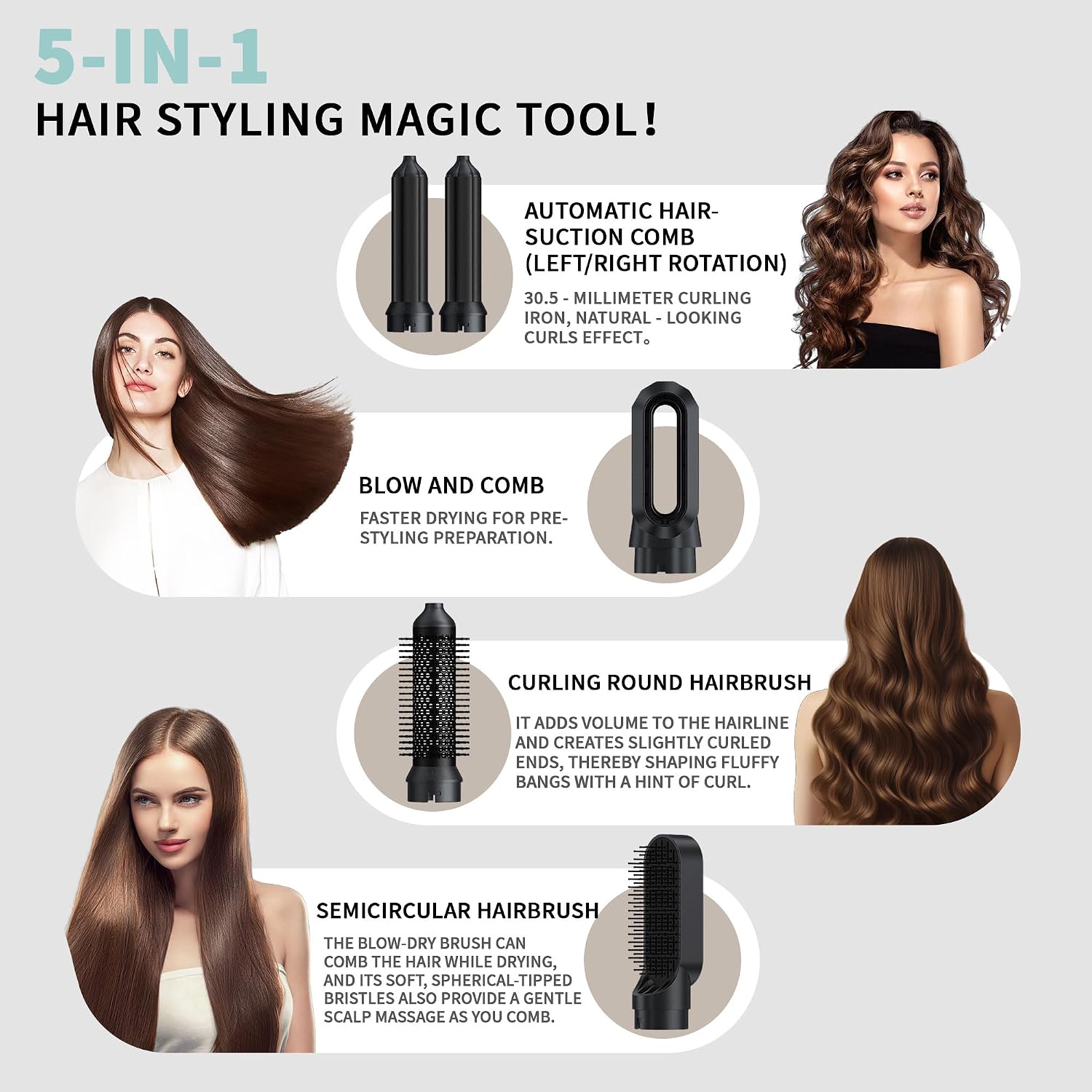 5 in 1 Hair Dryer Brush Set-Upgrade Hair Dryer Brush Air Curler Air Curling Wrap Styler,Negative Ion Curling Brush Iron,Detachable Hot Air Brush for Drying,Curling,Straightening (Black)