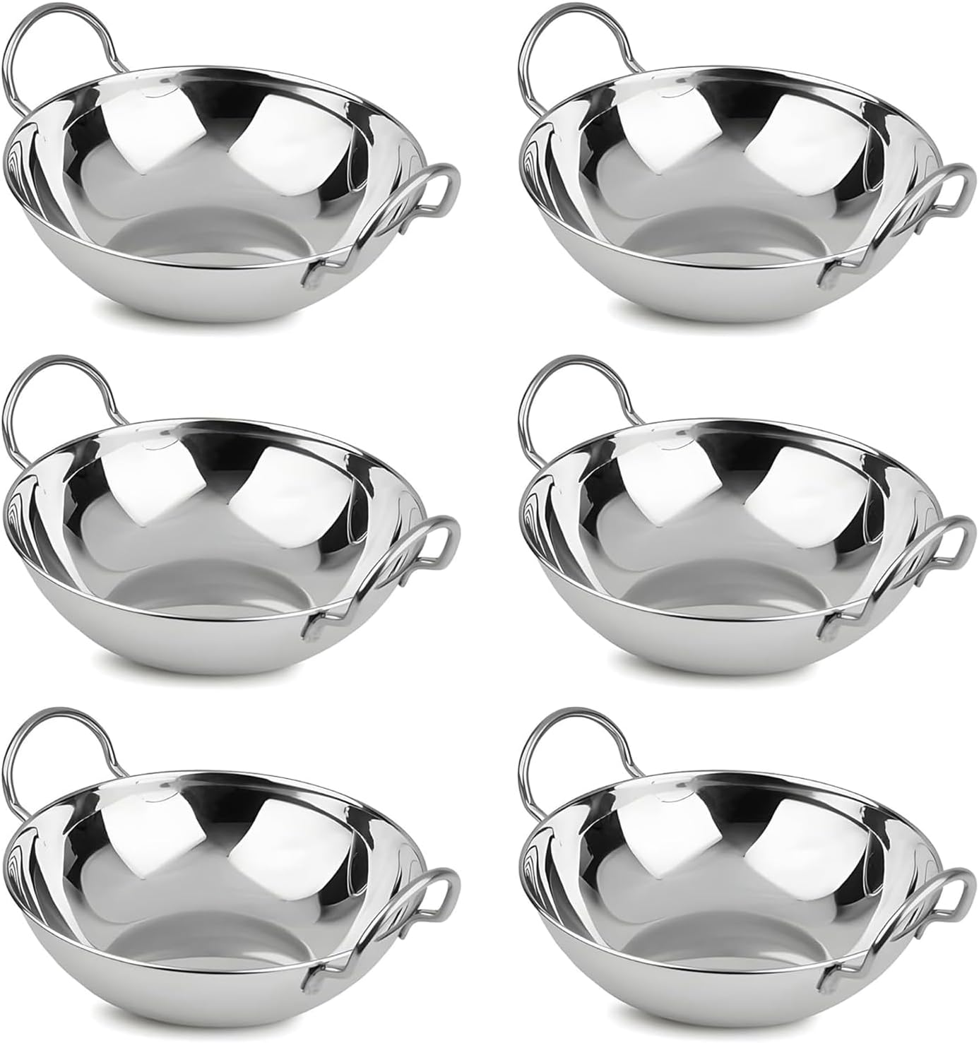 Set of 6 - Stainless Steel Balti Dishes Karahi Curry Deep Serving Indian Dishes Bowls with Handle - 20cm
