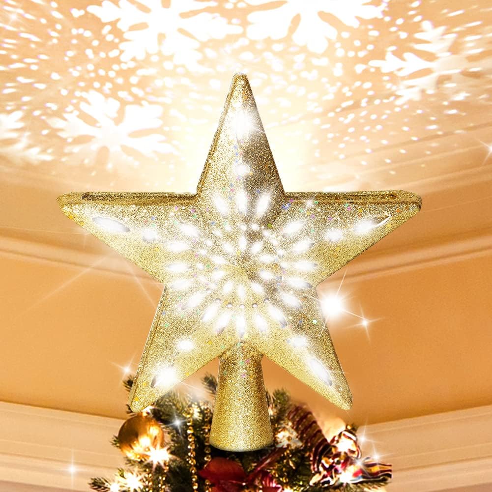 Tripod Christmas Tree Topper Lighted with White Snowflake Projector, LED Rotating Snowflake, 3D Glitter Lighted Gold Star Tree Topper for Xmas Tree Decorations