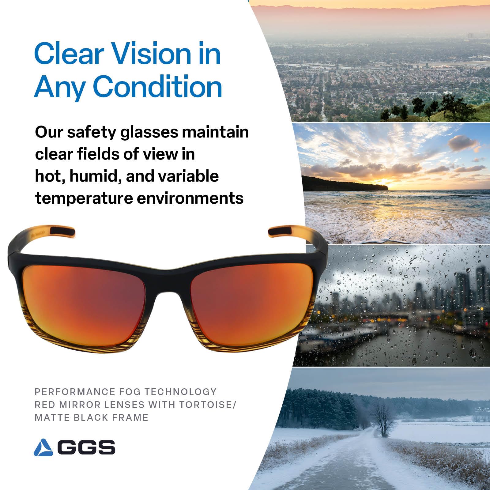 Bullhead Safety Pompano Gafas de seguridad polarizadas con tecnología de niebla de rendimiento, ANSI Z87+, luz azul con luz UV y protección antiarañazos, lentes de espejo rojo con marco de tortuga