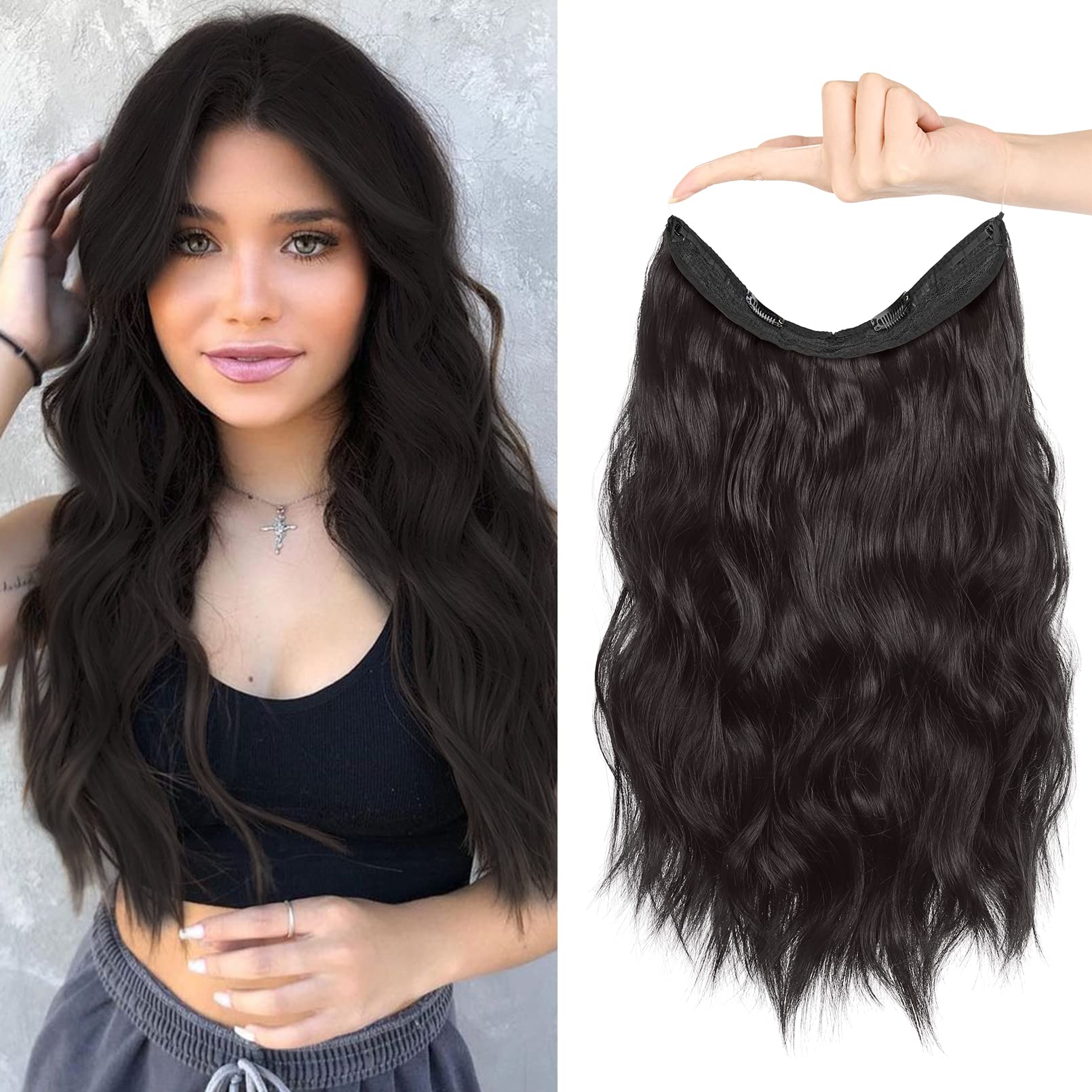 HOOJIHWire Hair Extensions with 2 Removable Clips 20 Inch Wavy Curly Hair Invisiable Transparent Wire Extensions Hairpieces for Women - Dark Brown