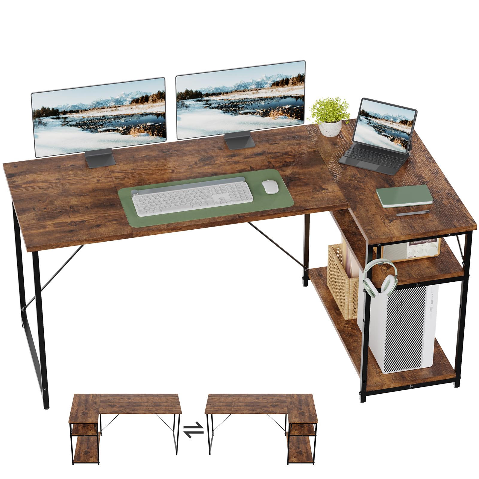 TRIUMPHKEY Scrivania ad Angolo Reversibile 160 x 80cm, Scrivania a Forma di L con Ripiani,Tavolo da Lavoro,Struttura in Acciaio, per Computer, Ufficio, Studio and Soggiorno, Marrone rustico