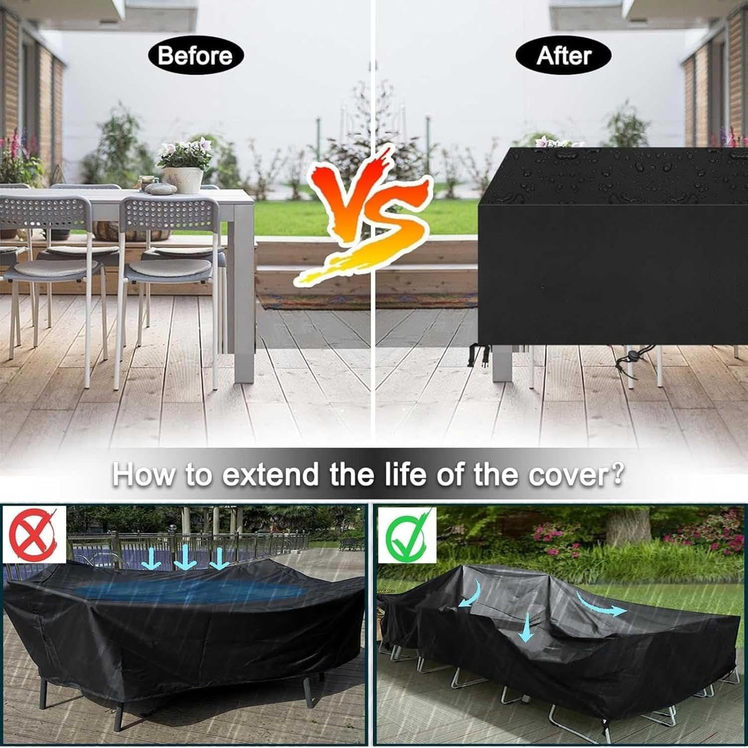 Coperchio per mobili da giardino, coperchio per tavolo impermeabile in tessuto Oxford, tavolo e sedia da giardino, coperchio antivento a forma rettangolare (nero,342x90x112cm)
