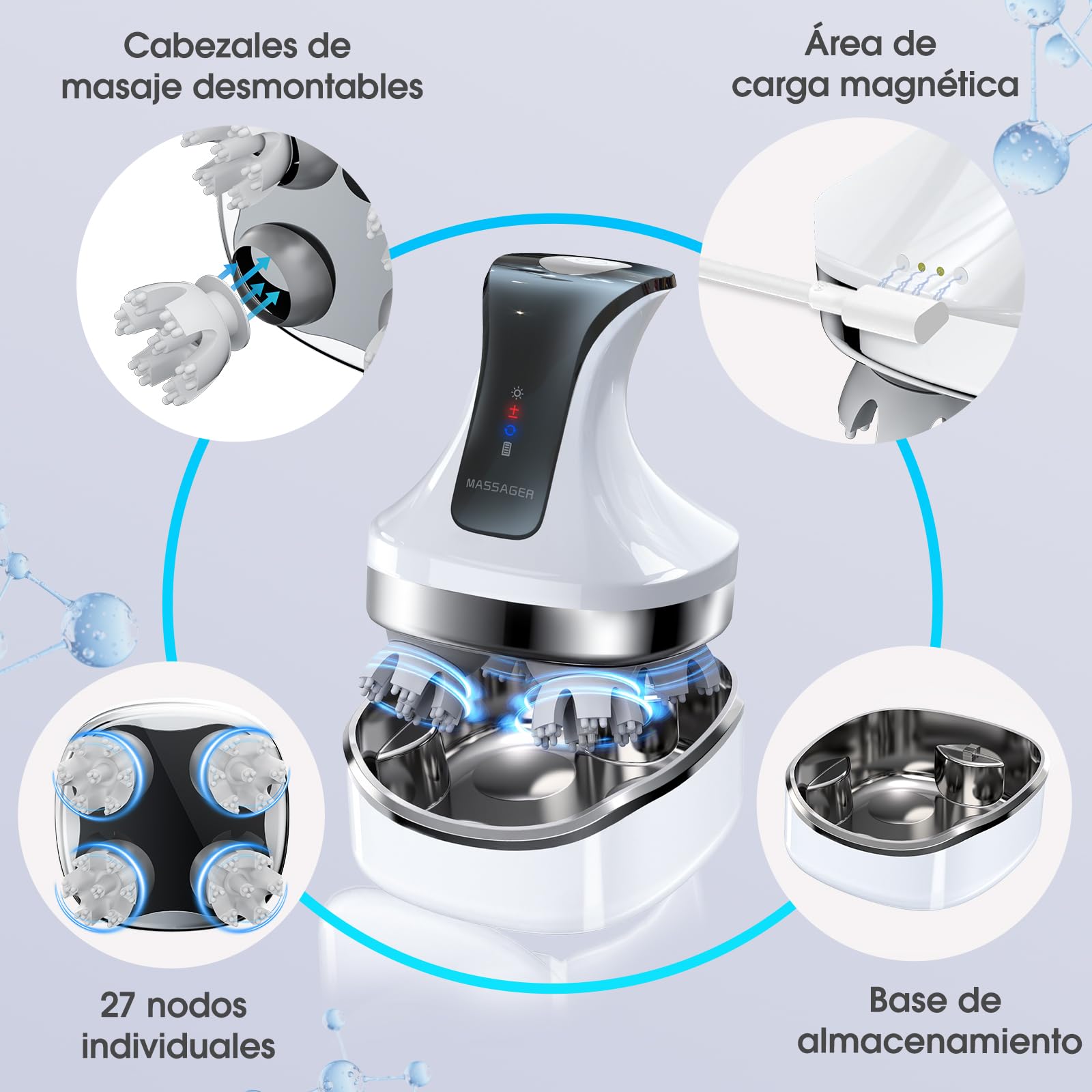 Masajeador de cuero cabelludo eléctrico 4D, masajeador de cuello y hombros con 108 nudos de silicona, masajeador corporal inalámbrico para piernas y espalda, IPX7 resistente al agua, 4 modos