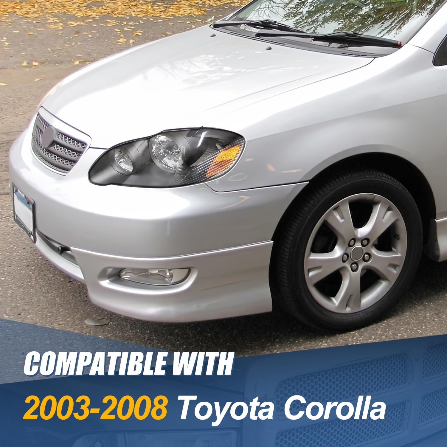 Auto Dynasty Headlights Assembly fit for 2003-2008 Toyota Corolla 03 04 05 06 07 08, Driver and Passenger Side Halogen Headlamps Replacement, OE Style, Black Housing Amber Corner