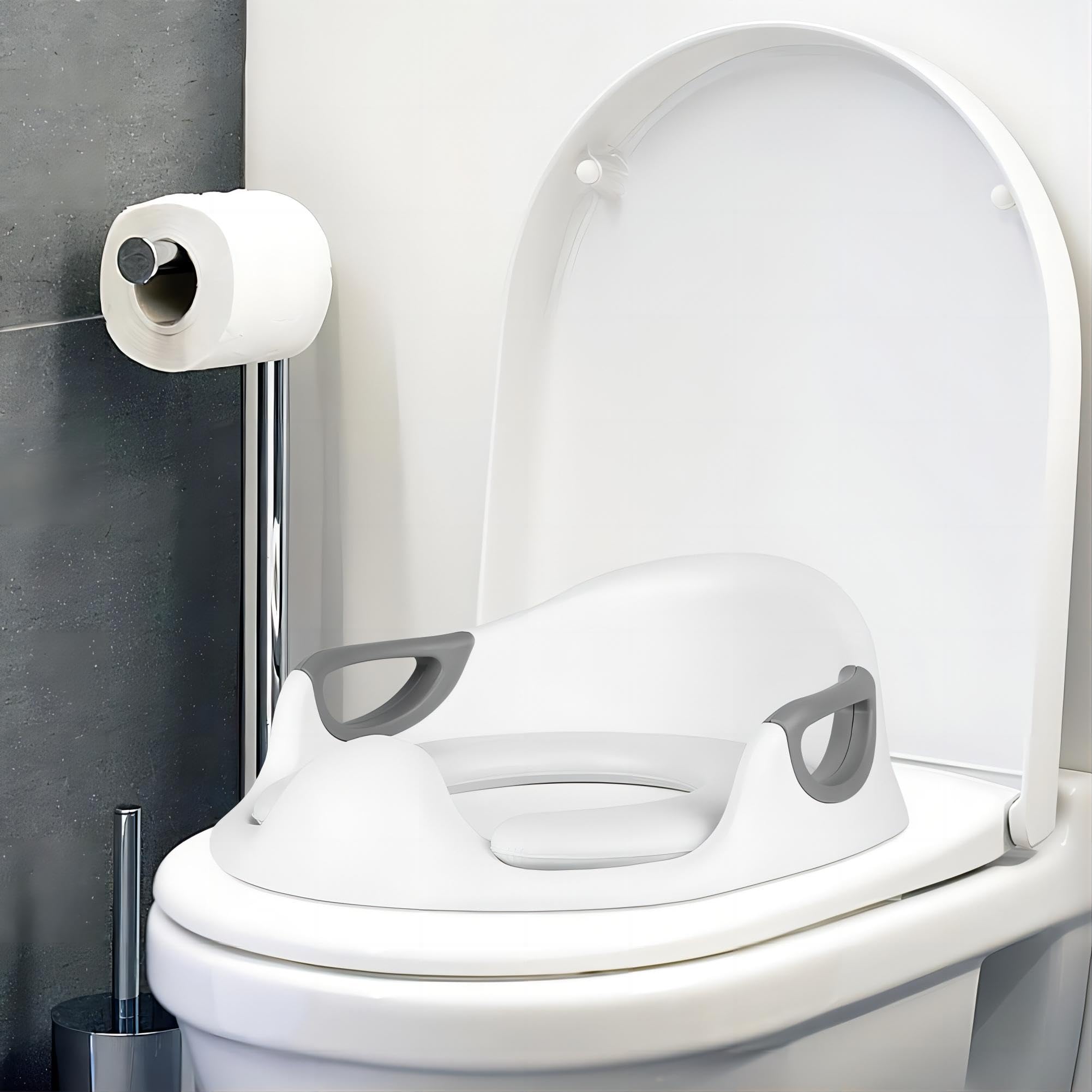 Abattant WC Enfant pour Toilettes Adulte, Bébé Réducteur de Toilette, Rehausseur WC Enfant, Siège de Toilette avec Coussin Moelleux, Poignée, Dossier