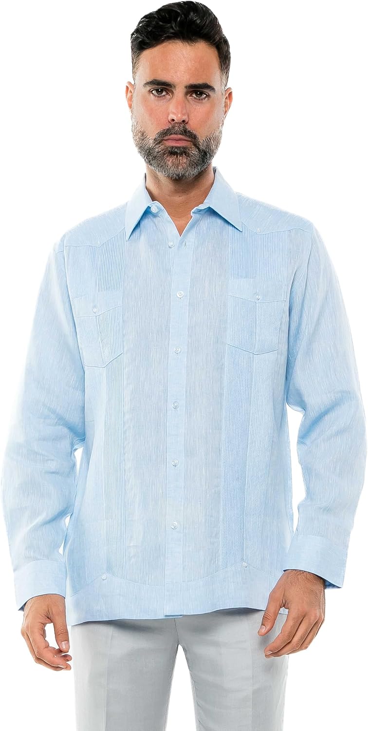 Mojito Men's 100% Linen Two-Pocket Design Guayabera Shirt Long Sleeve