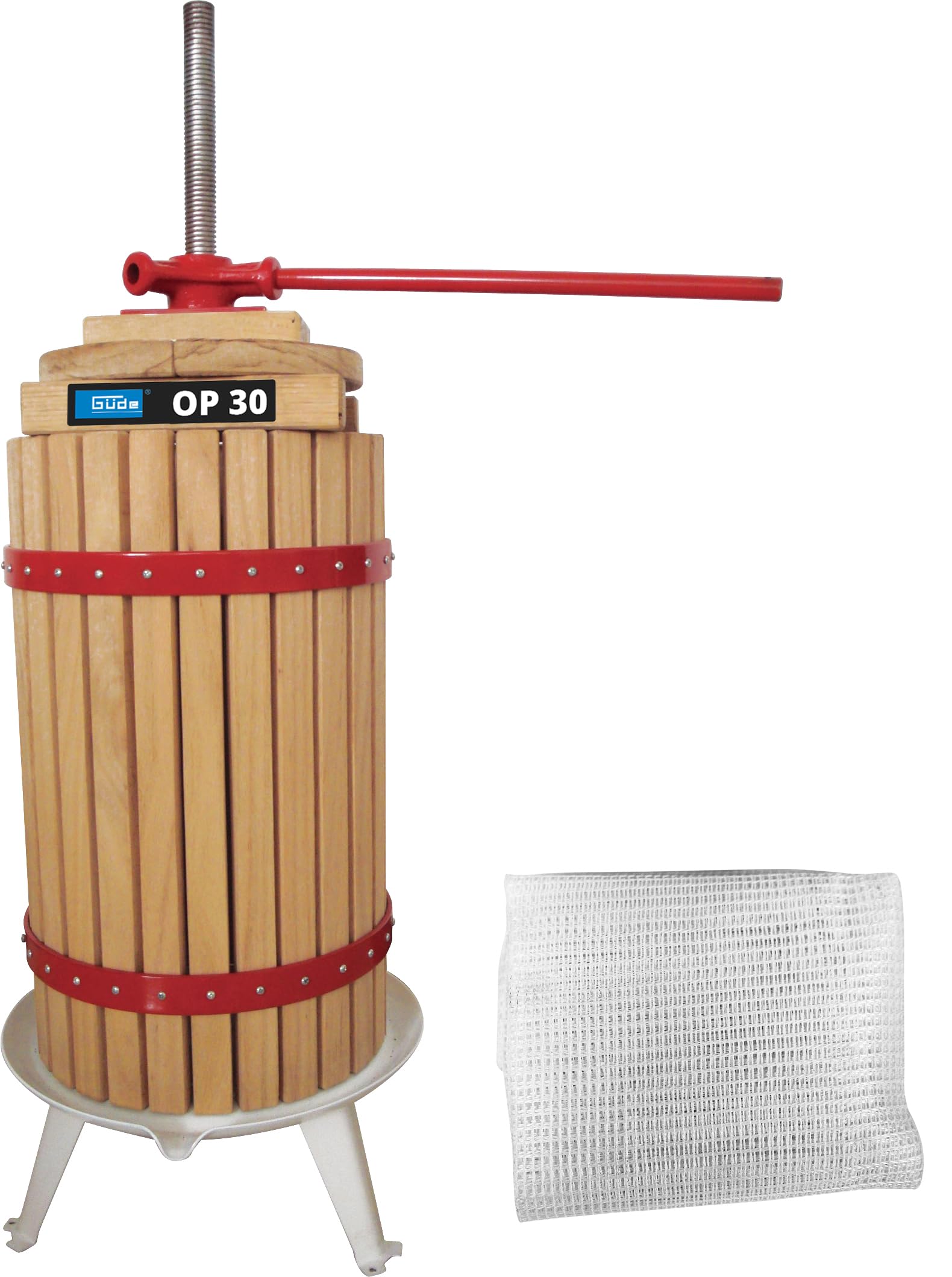 Güde Obstpresse OP 30 (30 Liter Presskorb aus unbehandeltem Holz, lebensmittelecht lackiertes Auffangbecken, 2-tlg. Pressteller, Presstuch aus Polyester, robuste Stahlspindel, fertig montiert)