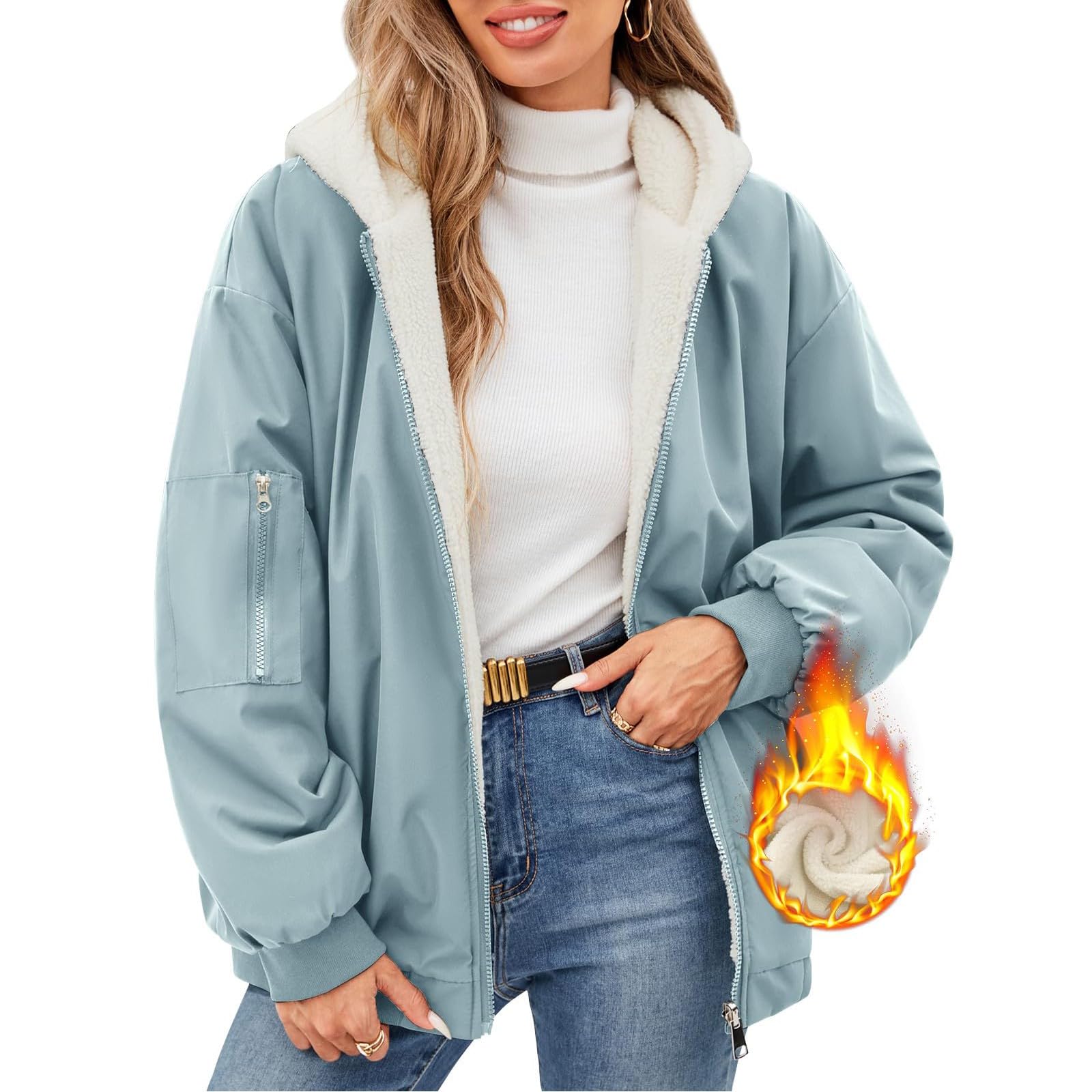 Fleecejacke Damen Hoodie Teddyfutter Plüschjacke Dick Winterjacke Warm Gefüttert Kapuzenjacke Oversize Sweatjacke Mit Kapuze Zipper Hooded Frauen Mit Taschen Kuscheljacke Flauschig Winter
