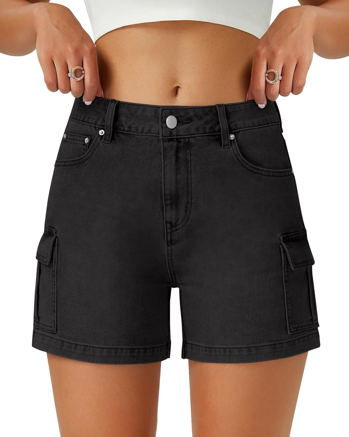 AUWUKA Womens Cargo Jean Shorts High Waisted Microelastic Straight Leg Long Denim Mom Shorts