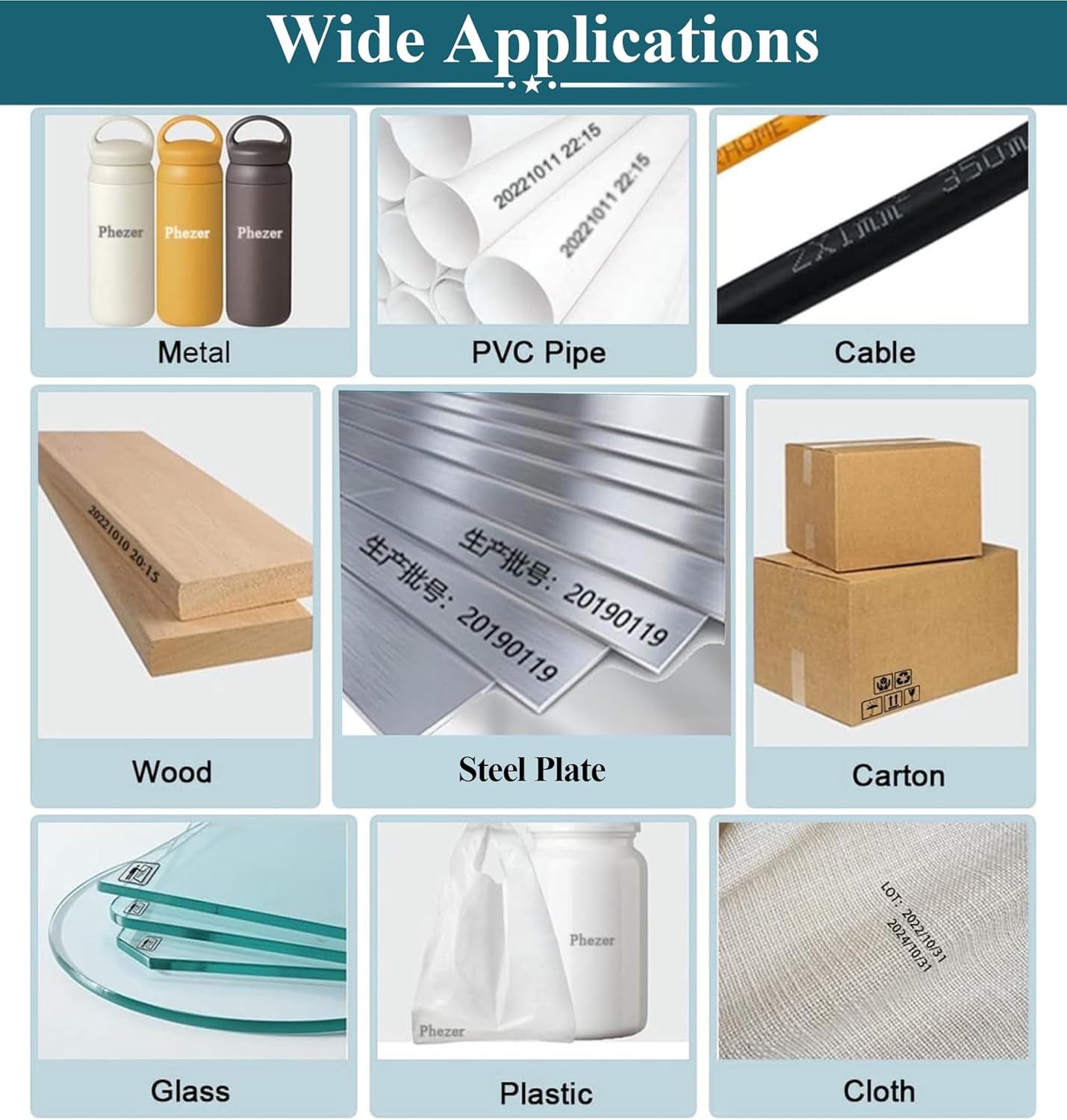Examples of Phezer ink cartridge printing on various materials including metal, PVC pipe, cable, wood, steel plate, carton, glass, plastic, and cloth