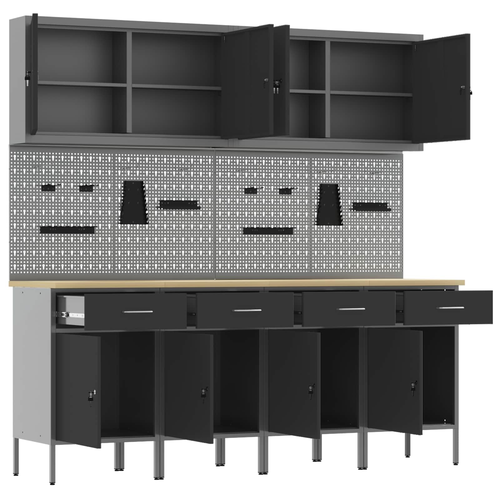 Banco de trabajo con almacenamiento negro de madera y acero, 200 x 55 x 200 cm, juego de 10 piezas con cajones y placas perforadas para taller, garaje, sistema de organización y